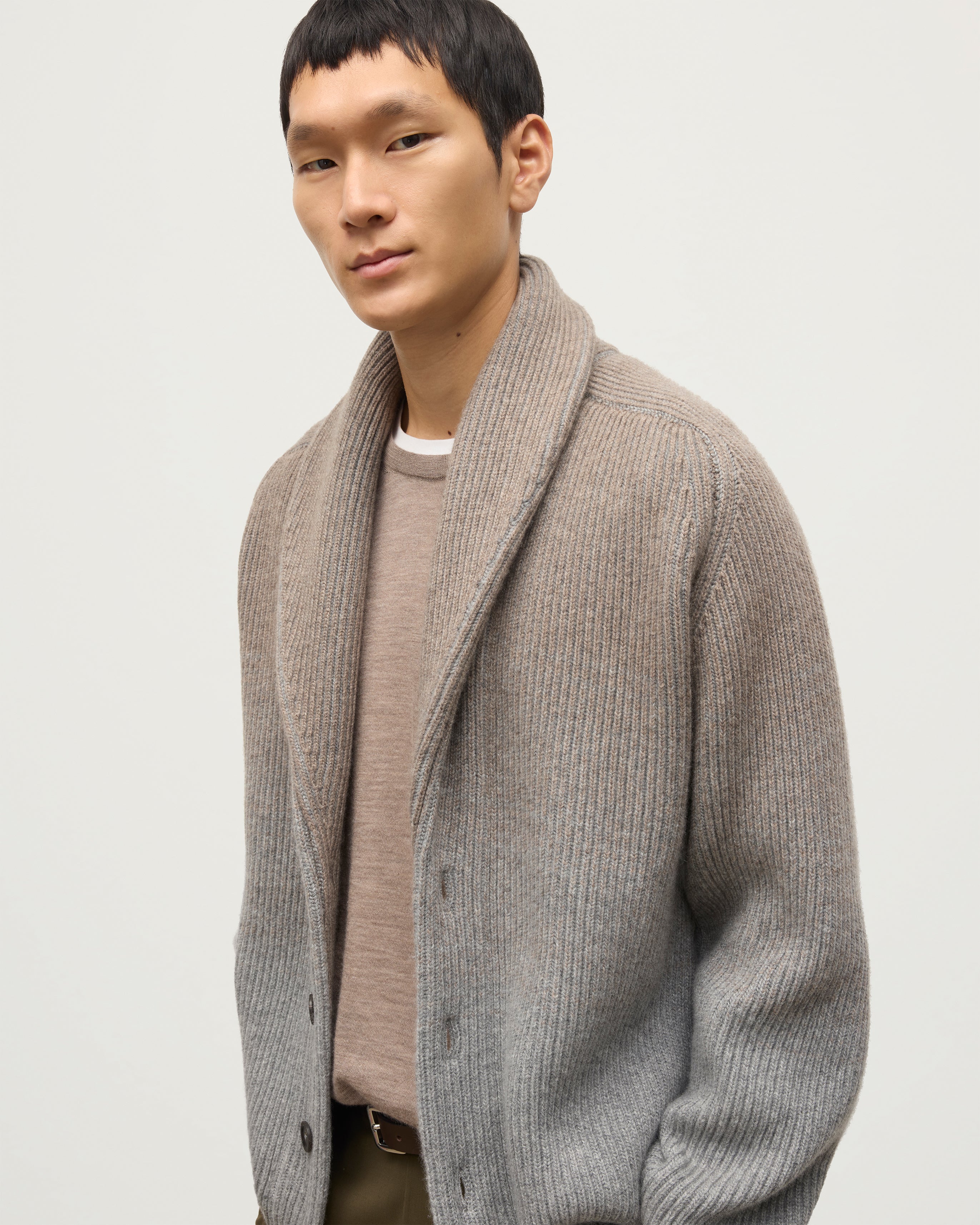 Pioneer Light Brown to Grey Shawl Collar Cashmere Cardigan