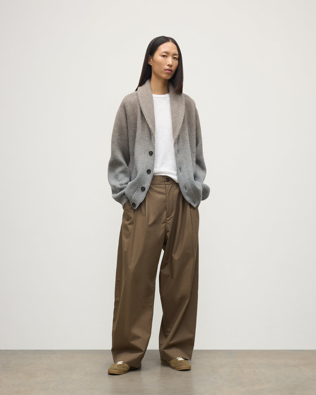 Pioneer Light Brown to Grey Shawl Collar Cashmere Cardigan