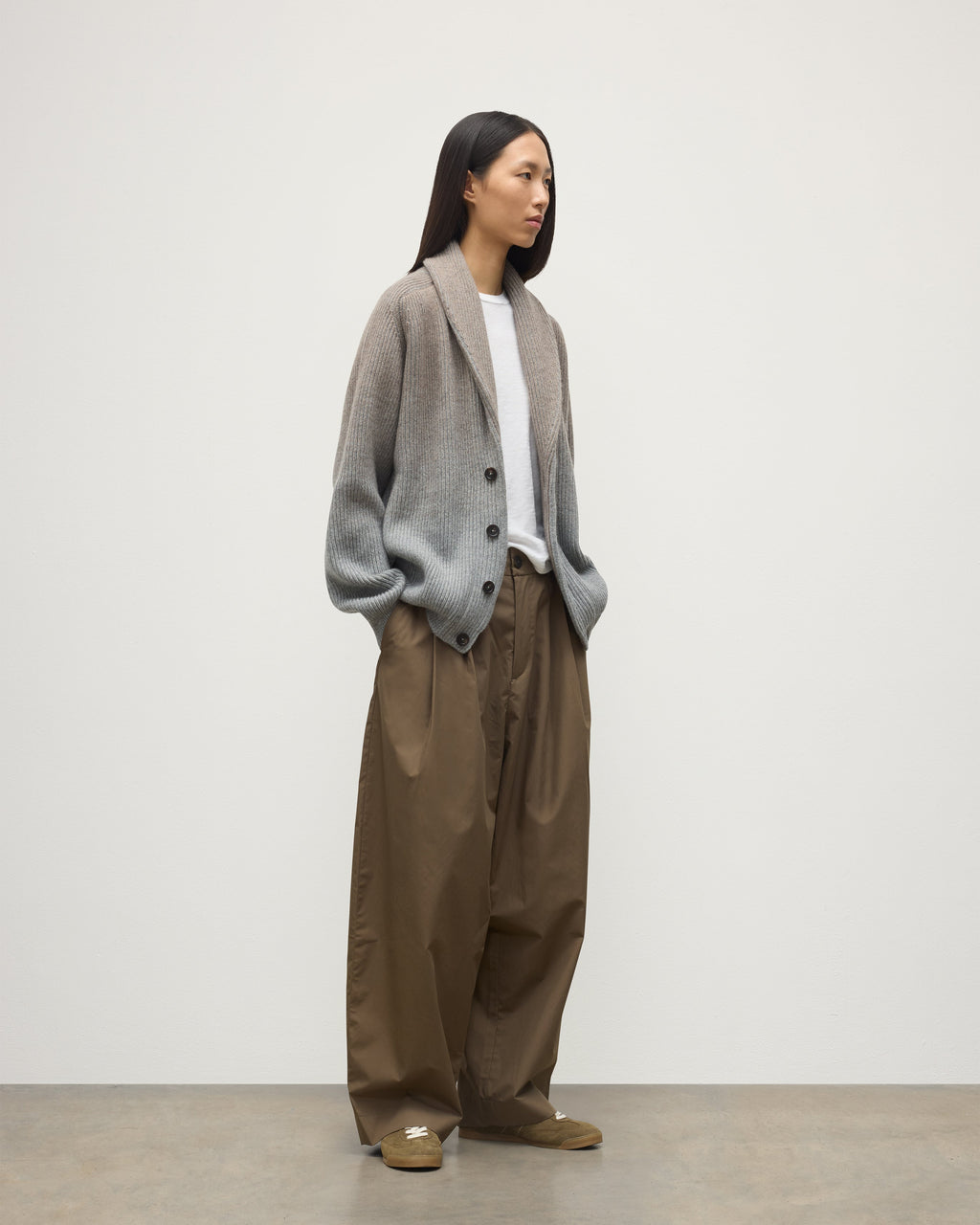 Pioneer Light Brown to Grey Shawl Collar Cashmere Cardigan