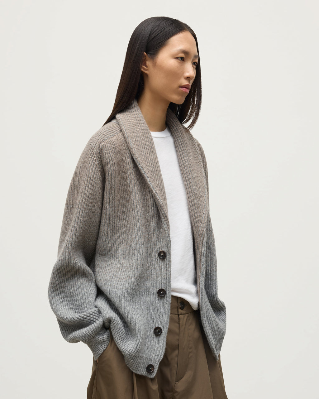 Pioneer Light Brown to Grey Shawl Collar Cashmere Cardigan
