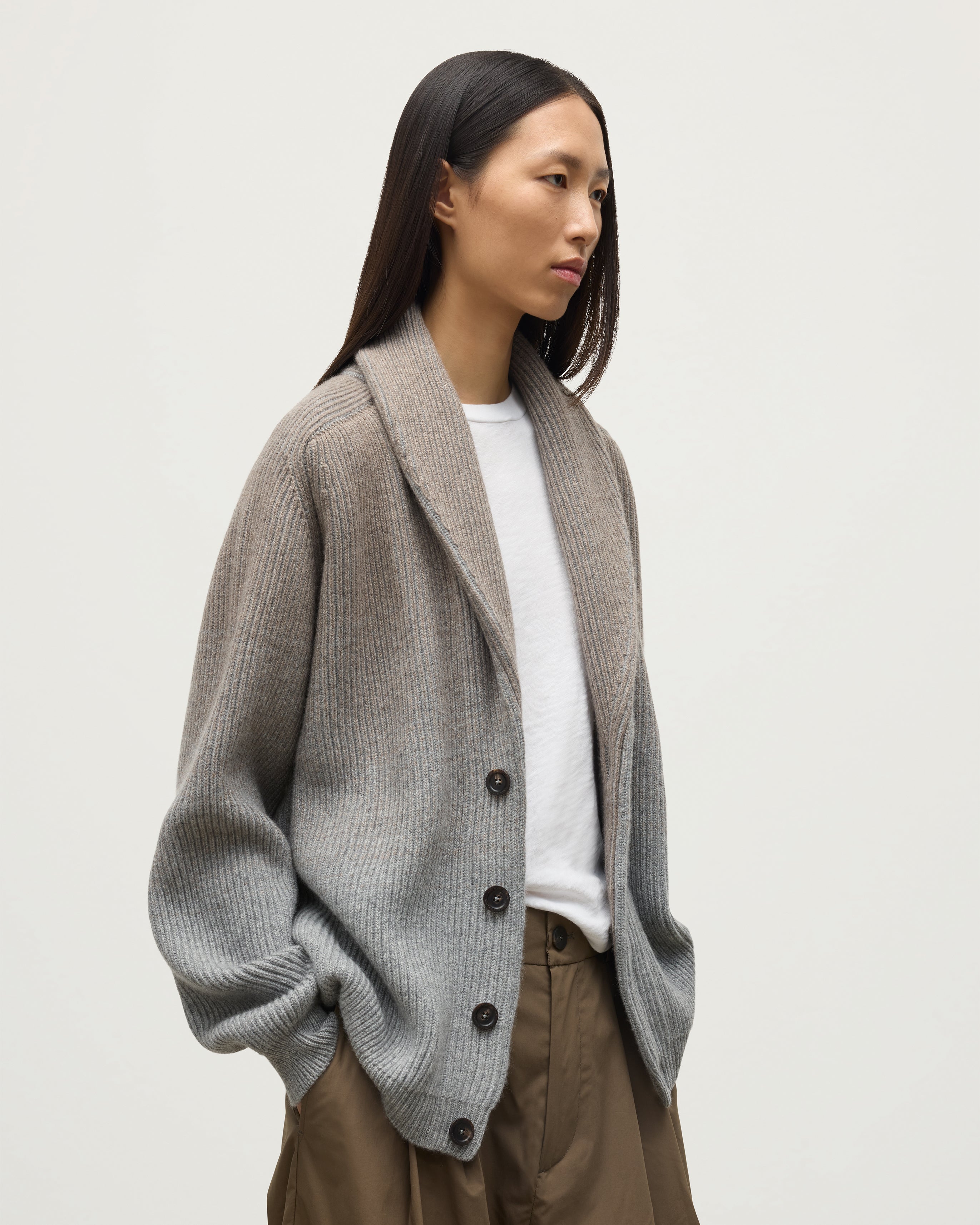 Pioneer Light Brown to Grey Shawl Collar Cashmere Cardigan