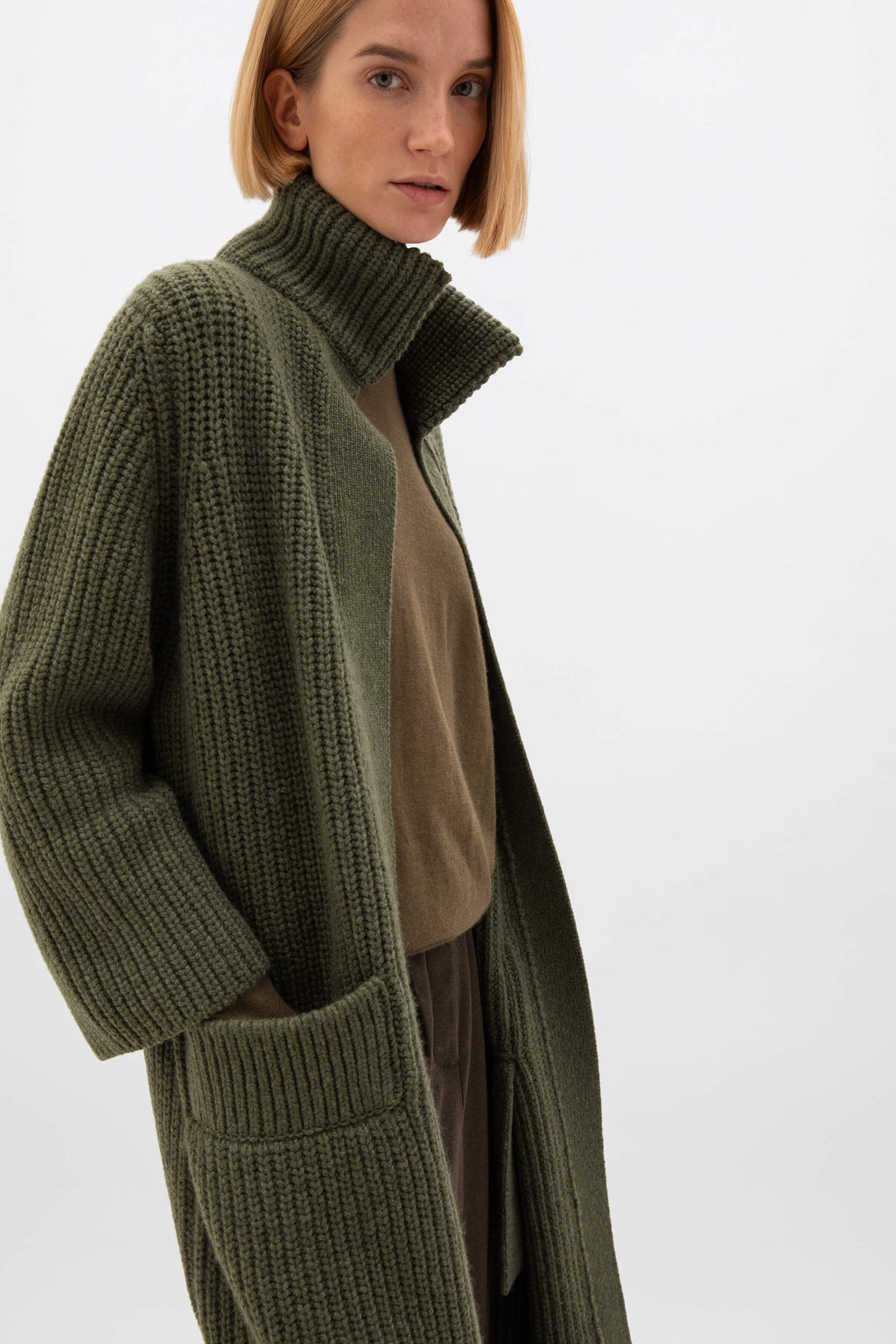Chunky Rib Knit Olive Green Cashmere Cardigan