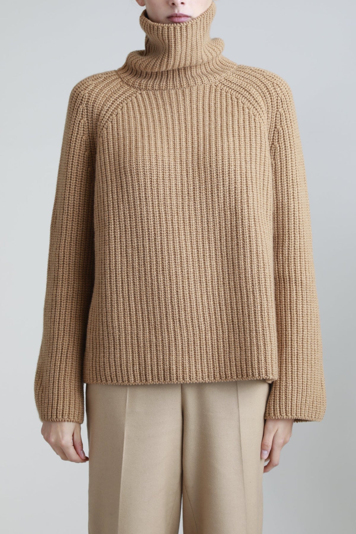 Chunky Cashmere Camel Roll Neck Jumper