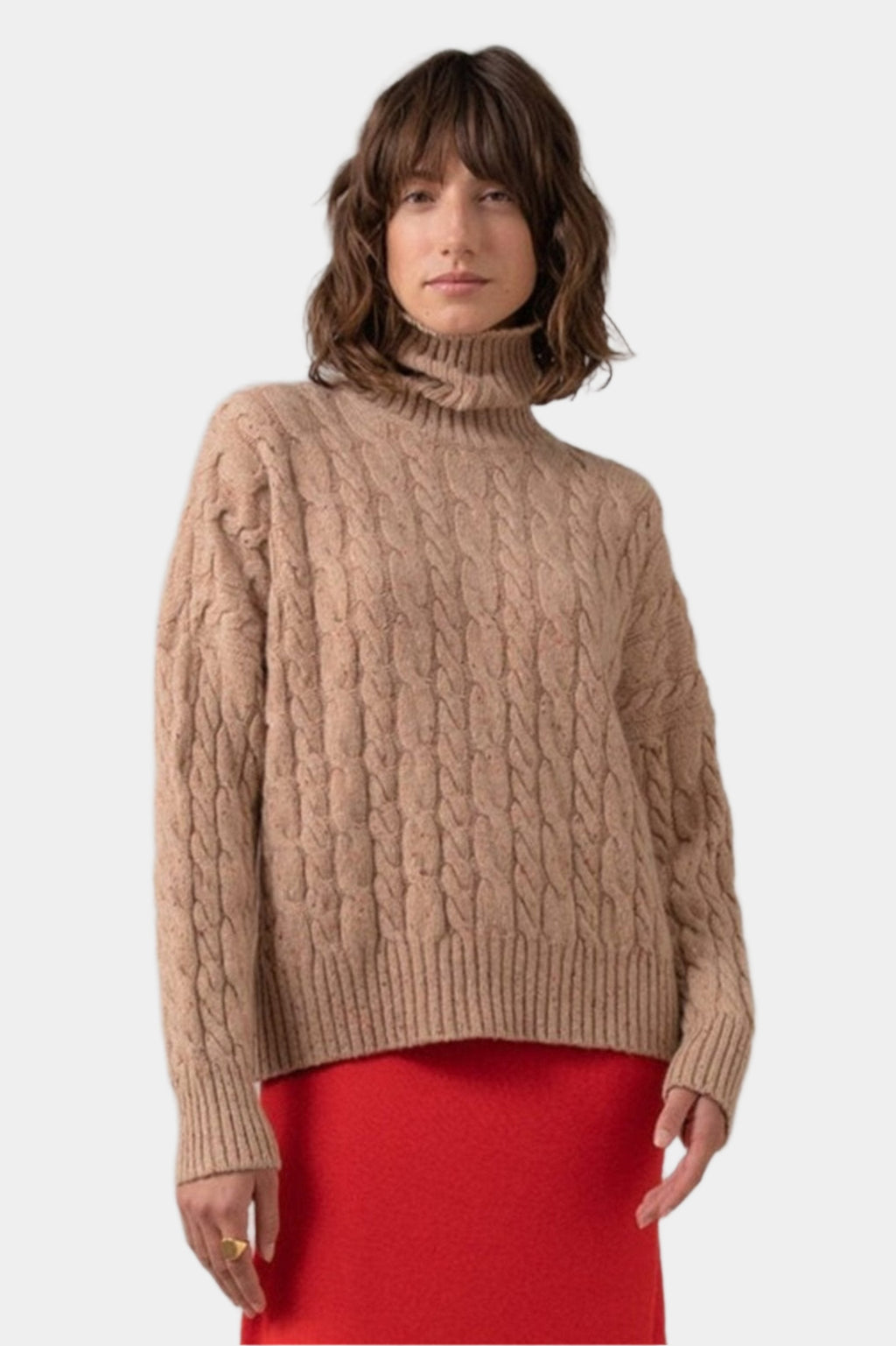 Cable Cashmere Camel Roll Neck Jumper