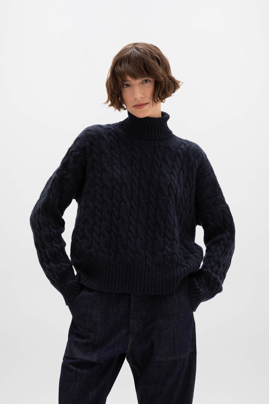 Donegal Cable Knit Cashmere Dark Navy Roll Neck Jumper