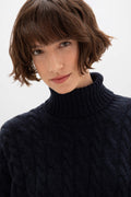 Donegal Cable Knit Cashmere Dark Navy Roll Neck Jumper