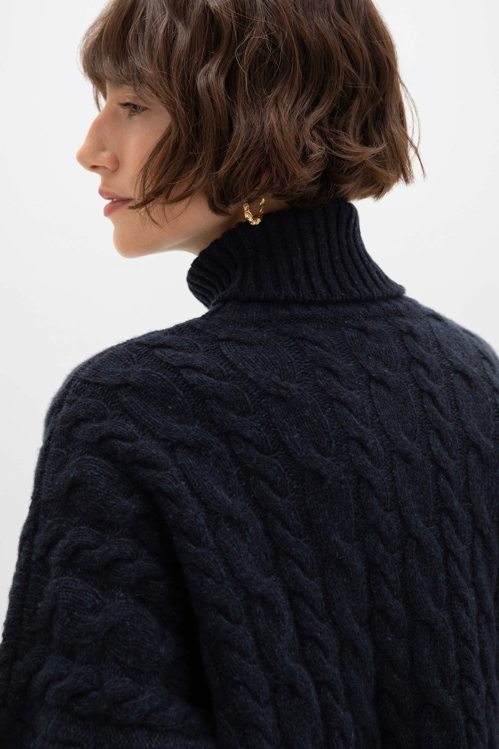 Donegal Cable Knit Cashmere Dark Navy Roll Neck Jumper