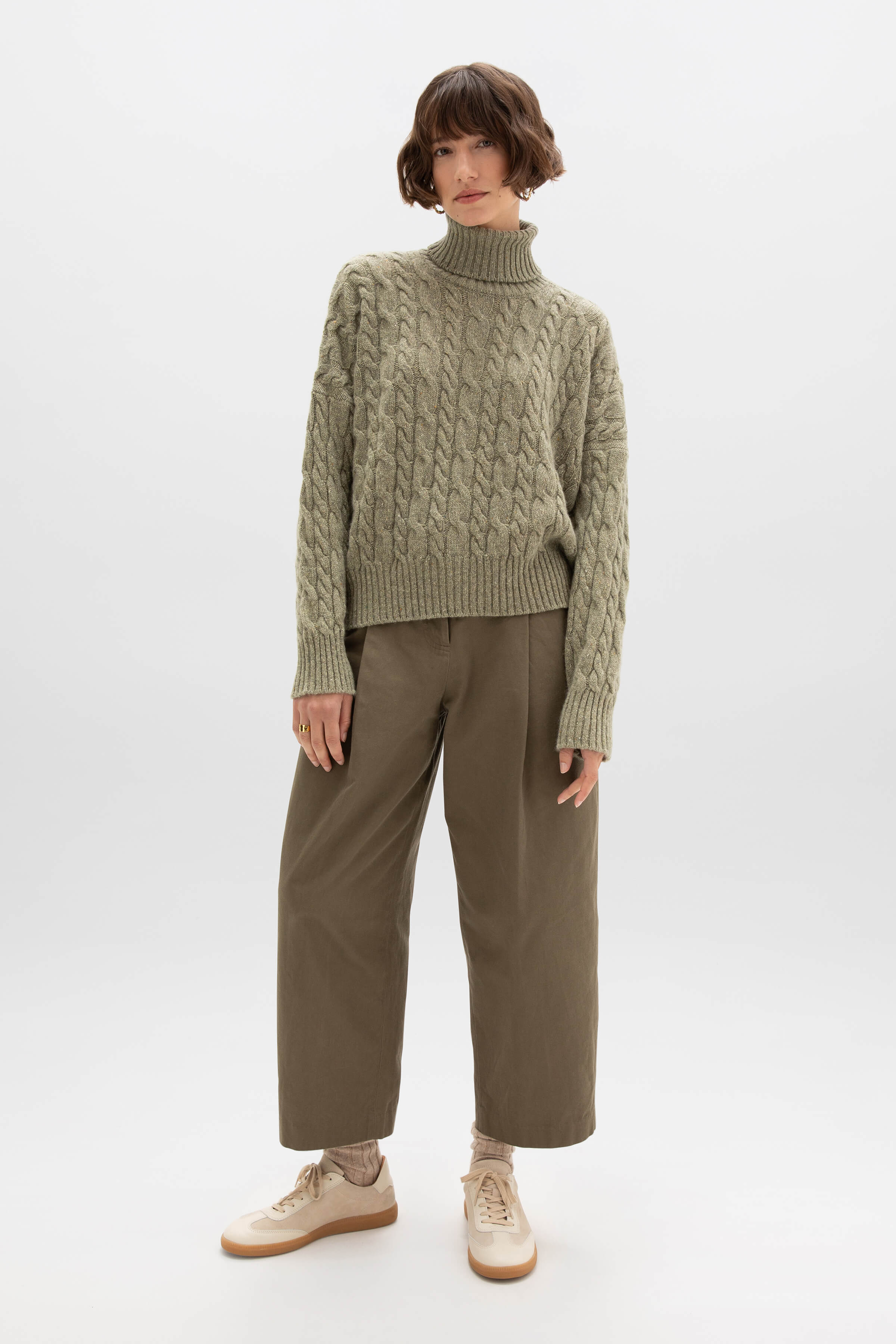 Donegal Cashmere Green Cable Roll Neck Jumper
