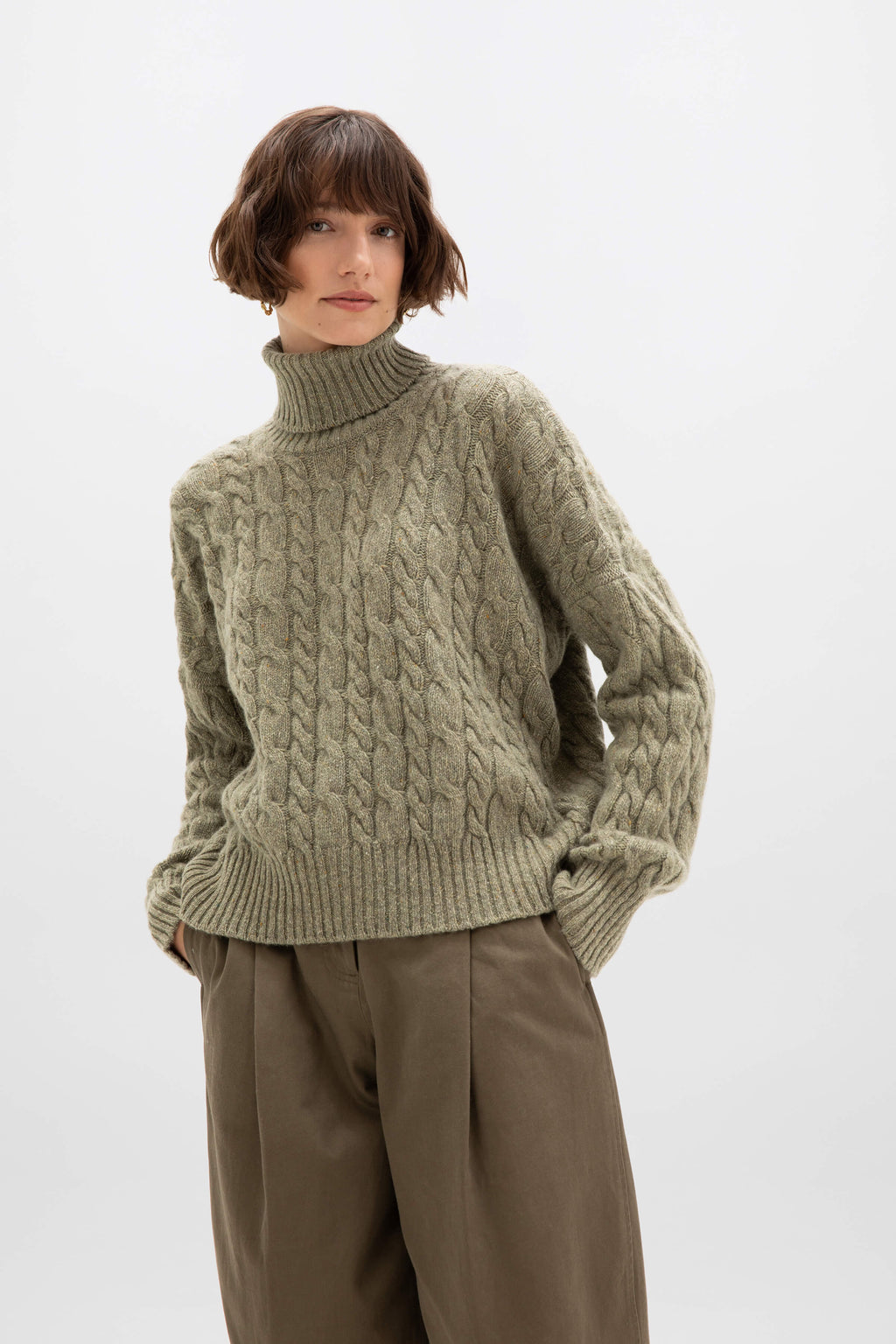 Donegal Cashmere Green Cable Roll Neck Jumper
