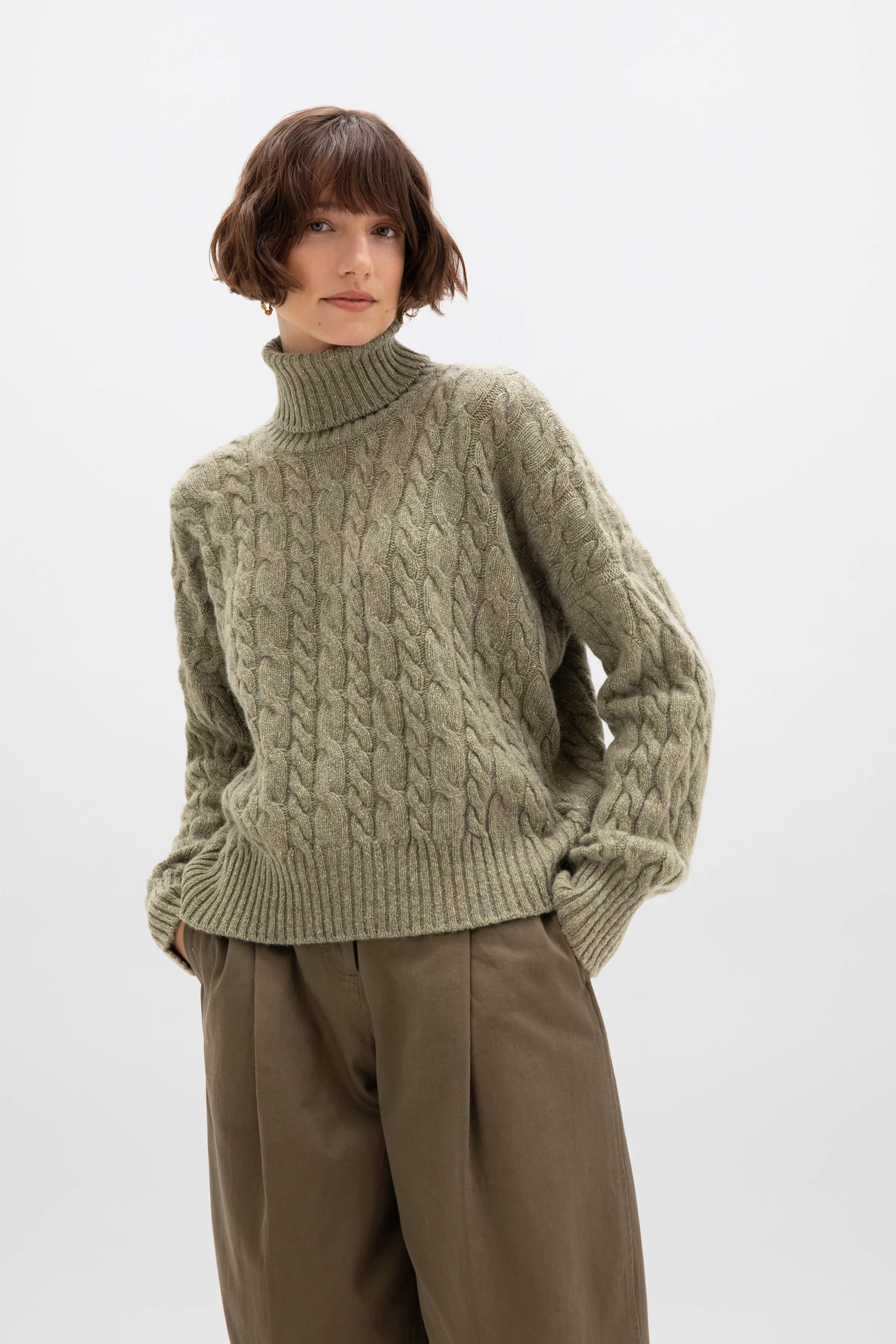 Donegal Cashmere Green Cable Roll Neck Jumper
