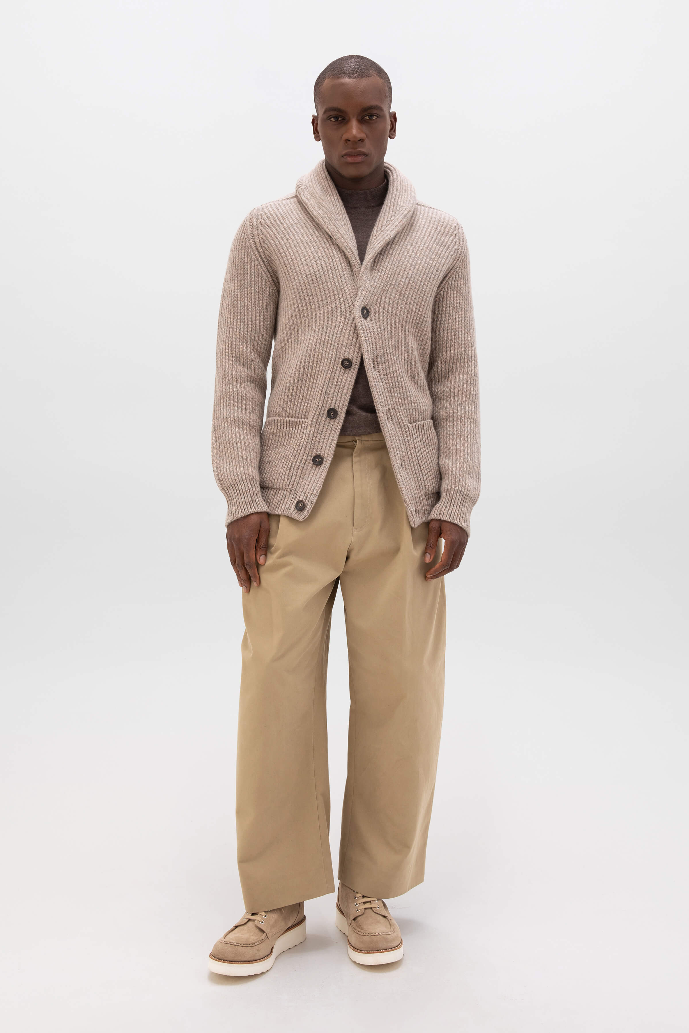 Ribbed Shawl Collar Light Brown Cashmere Cardigan