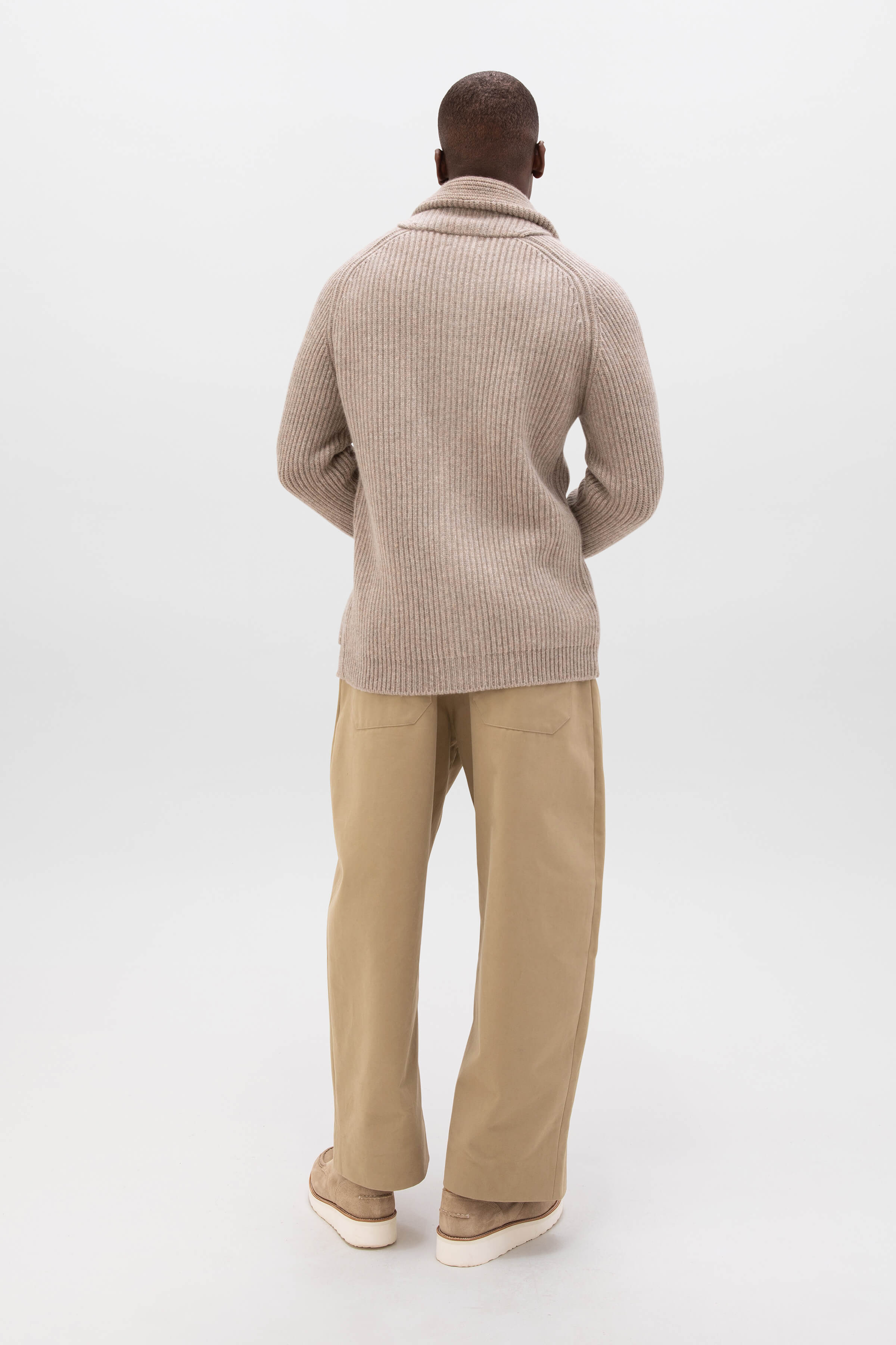 Ribbed Shawl Collar Light Brown Cashmere Cardigan