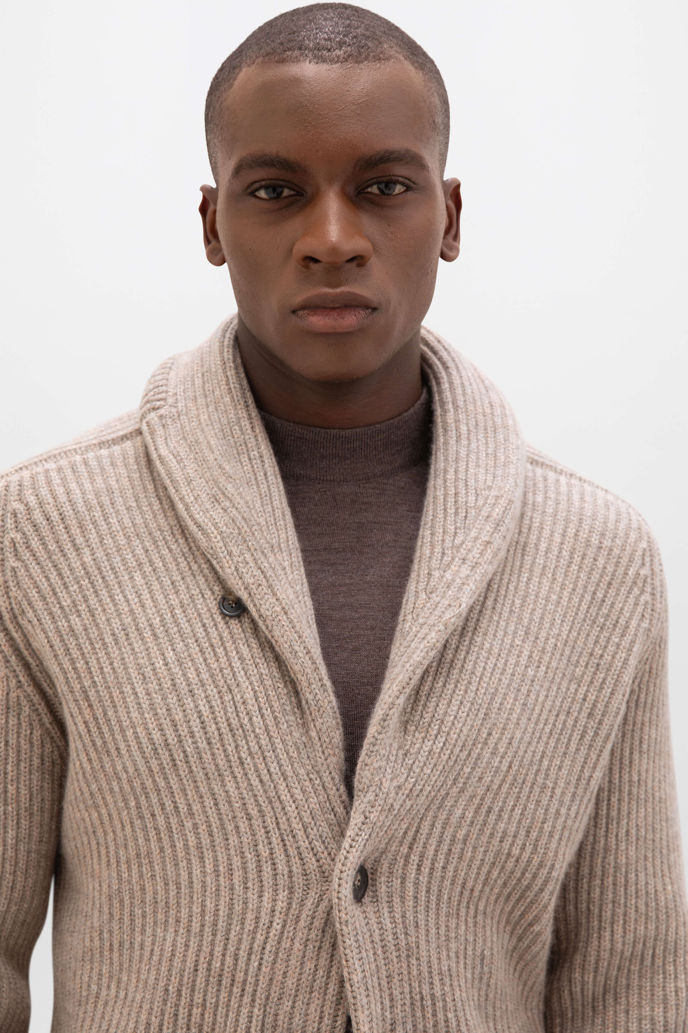 Ribbed Shawl Collar Light Brown Cashmere Cardigan