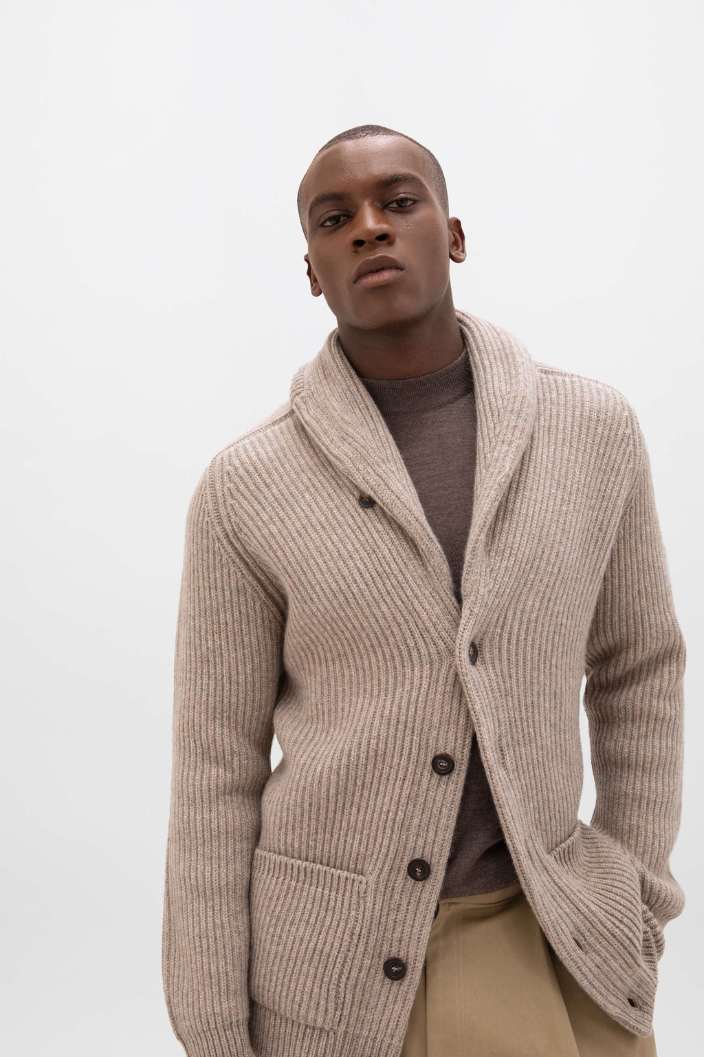 Ribbed Shawl Collar Light Brown Cashmere Cardigan