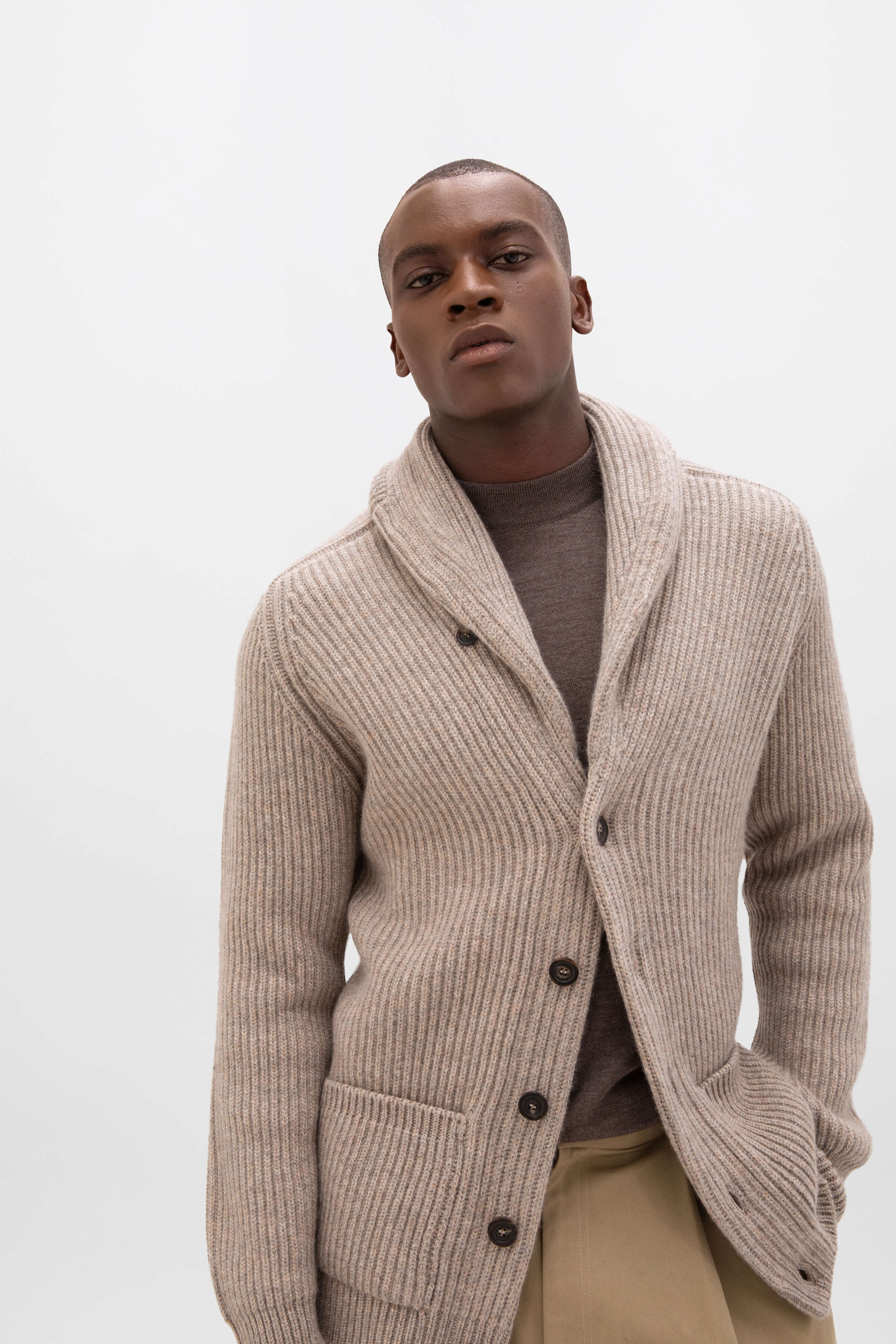 Ribbed Shawl Collar Light Brown Cashmere Cardigan
