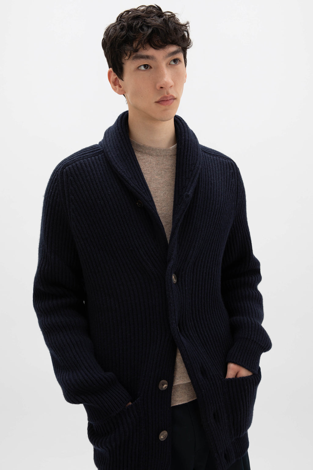 Shawl Collar Dark Navy Cashmere Cardigan