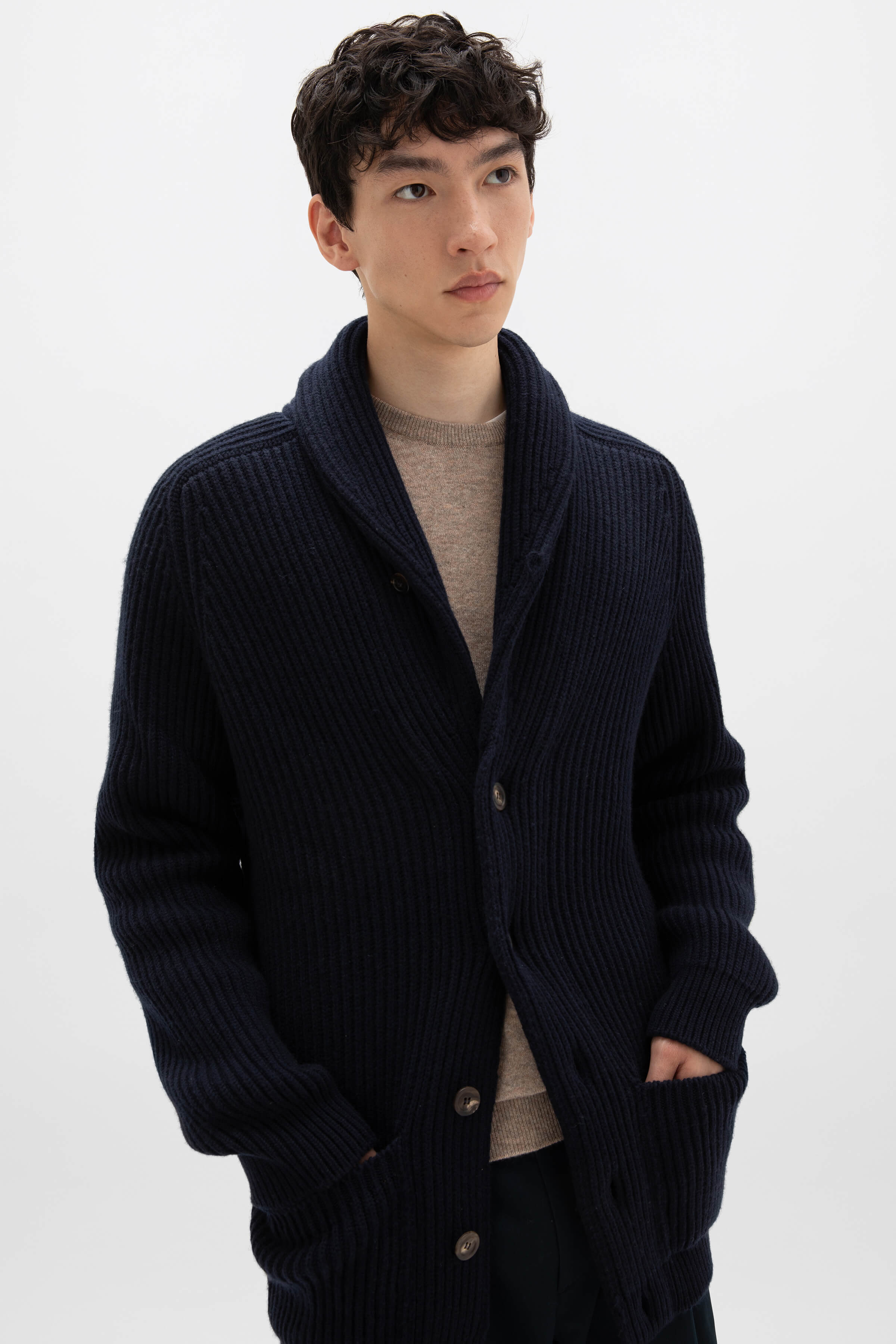 Shawl Collar Dark Navy Cashmere Cardigan