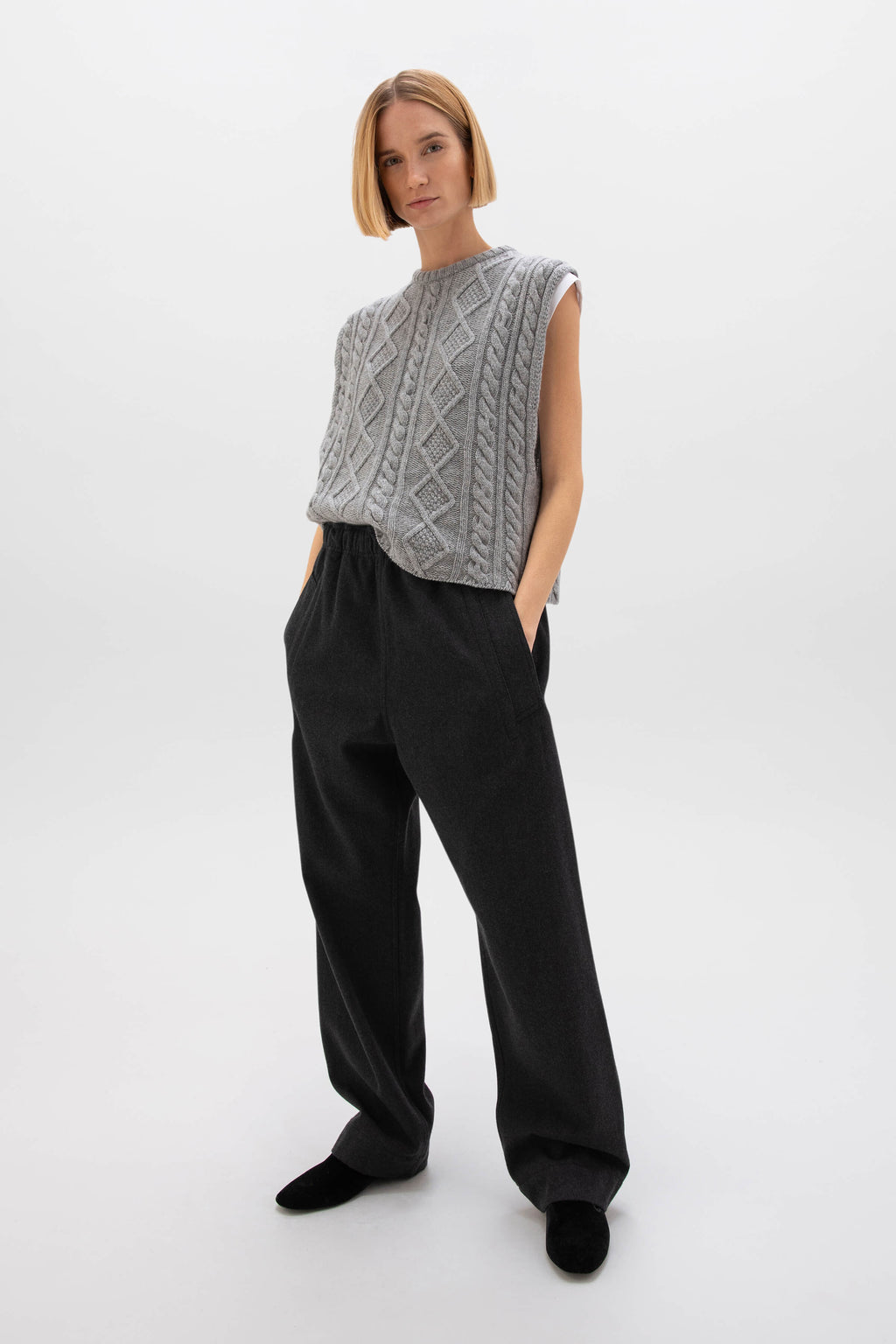 Oversized Aran Light Grey Cable Cashmere Tank