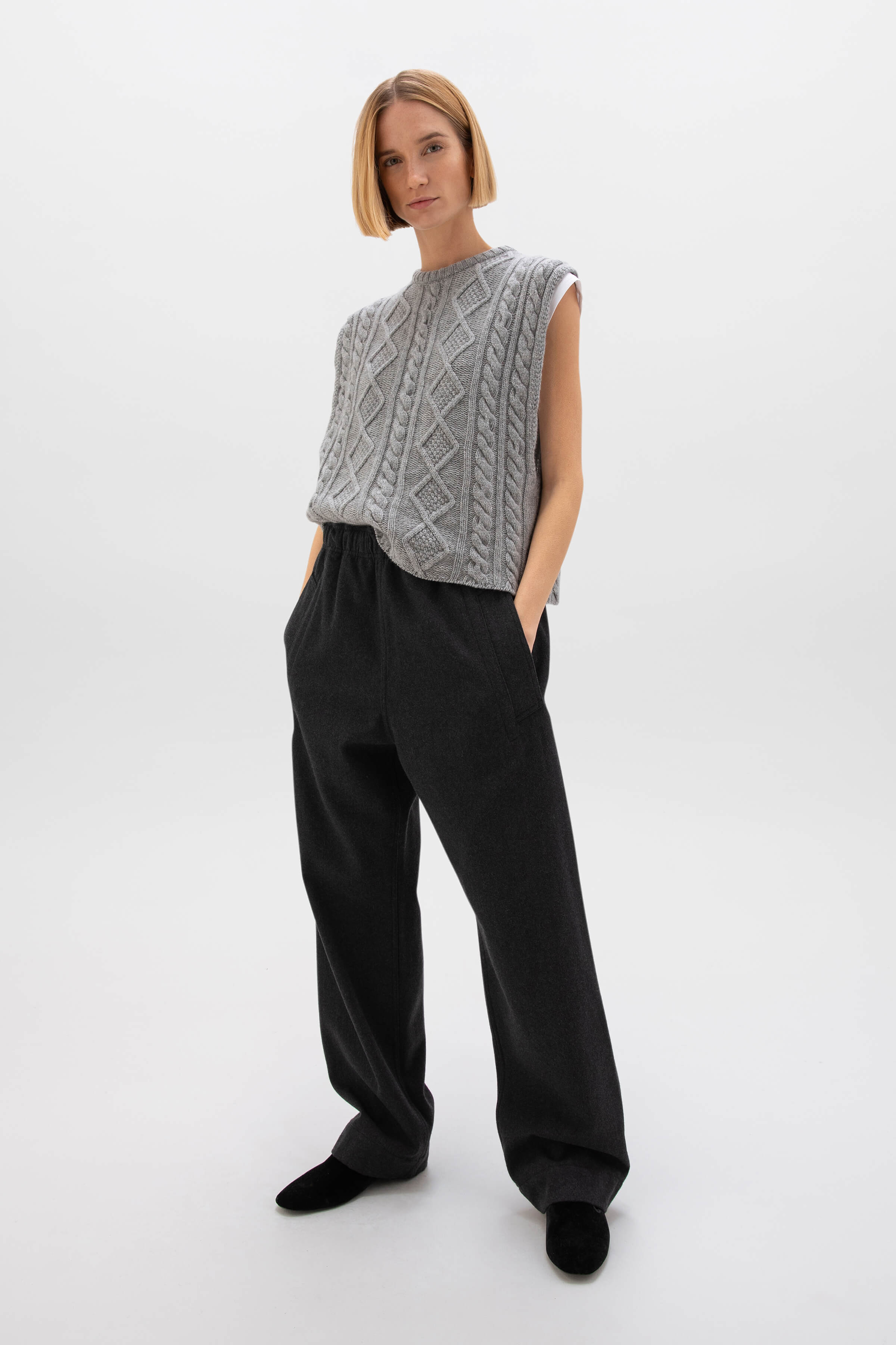 Oversized Aran Light Grey Cable Cashmere Tank