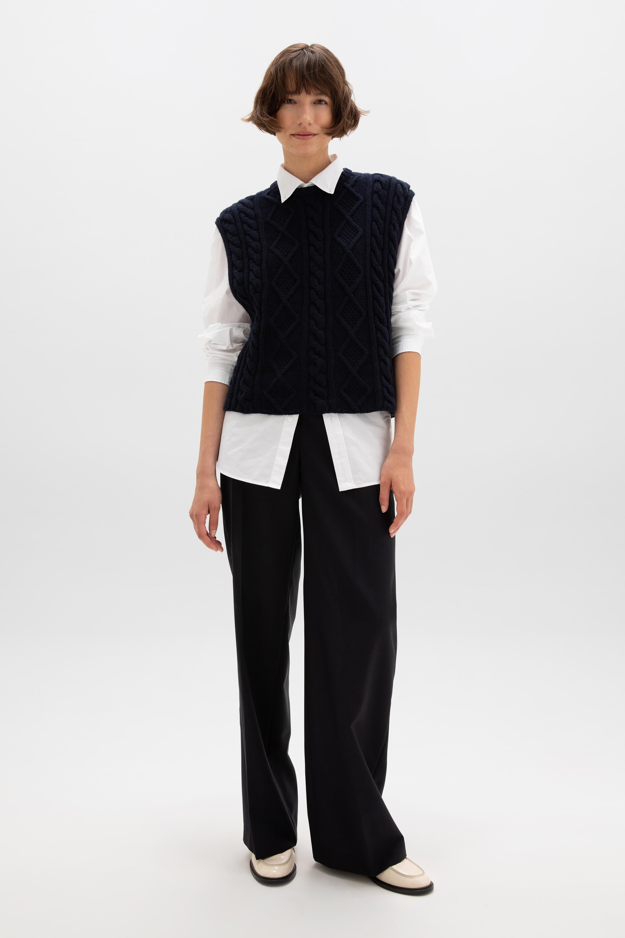 Aran Cable Knit Dark Navy Cashmere Tank