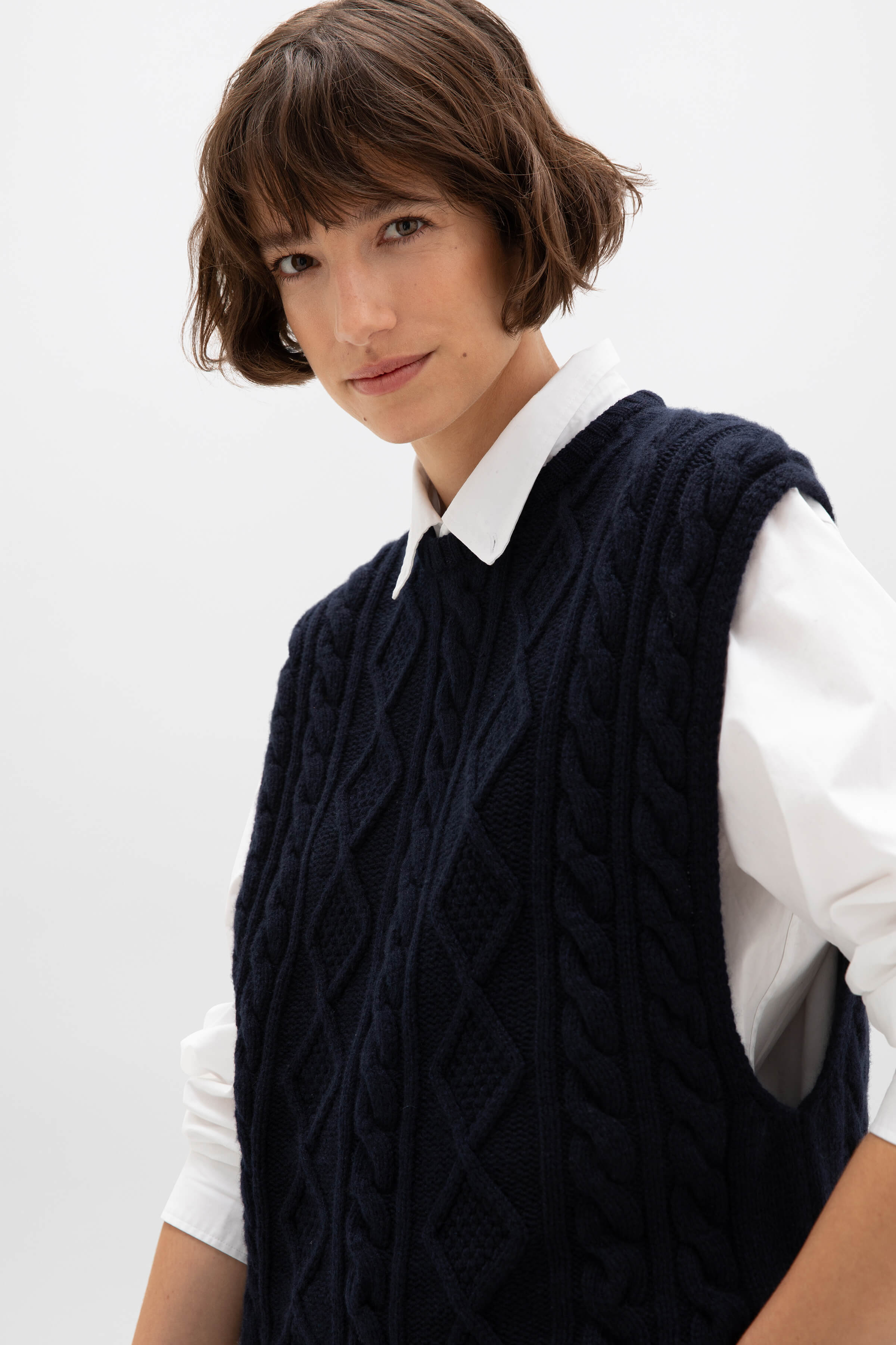 Aran Cable Knit Dark Navy Cashmere Tank