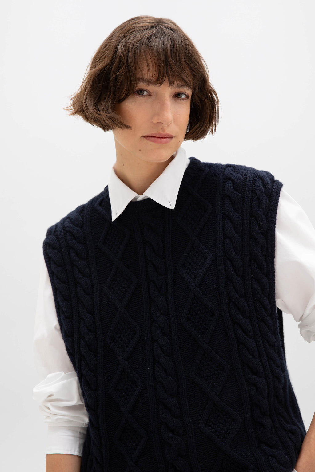 Aran Cable Knit Dark Navy Cashmere Tank