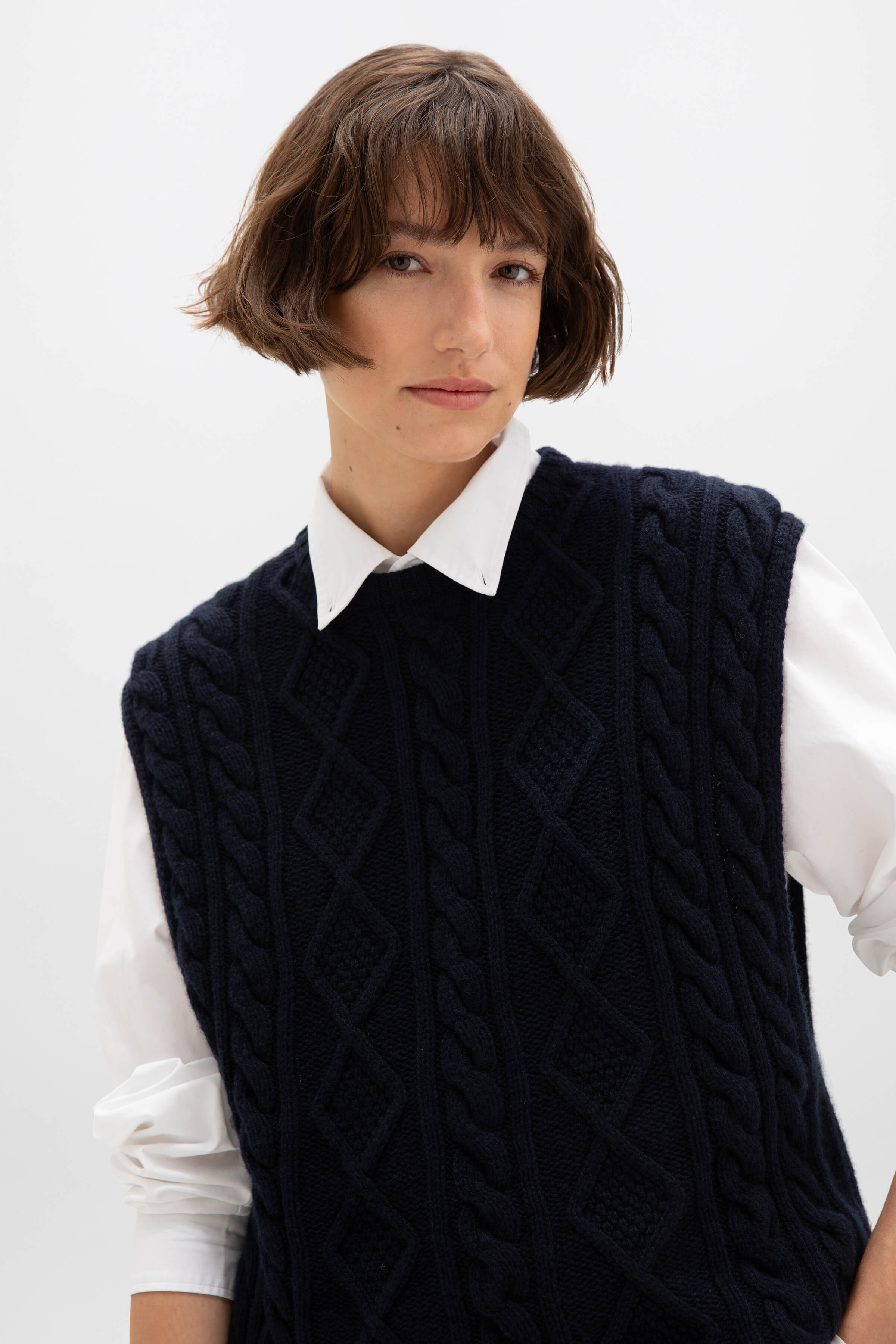 Aran Cable Knit Dark Navy Cashmere Tank