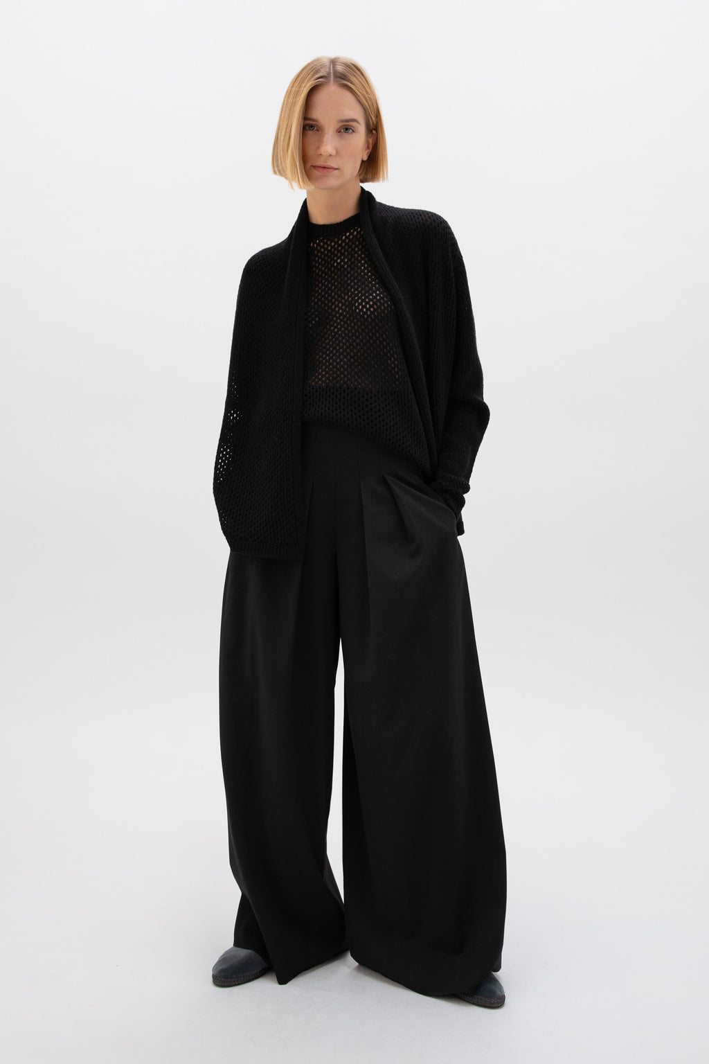 Crochet Cashmere Black Shawl Collar Cardigan