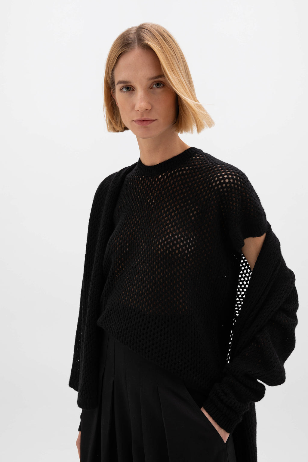 Crochet Cashmere Black Shawl Collar Cardigan