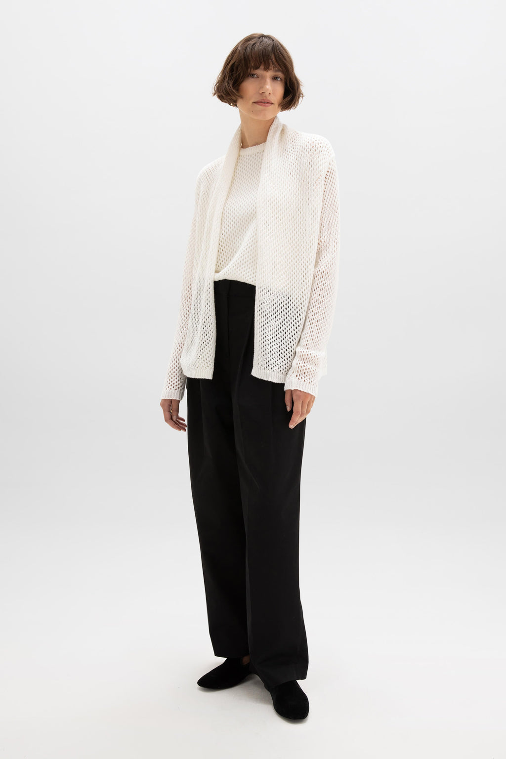 Crochet Cashmere Shawl Collar White Cardigan