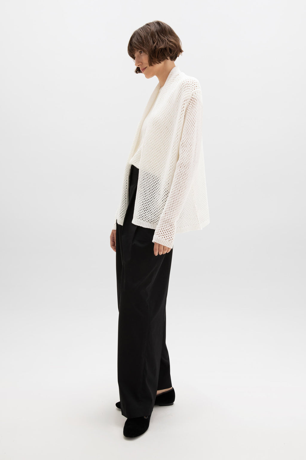 Crochet Cashmere Shawl Collar White Cardigan