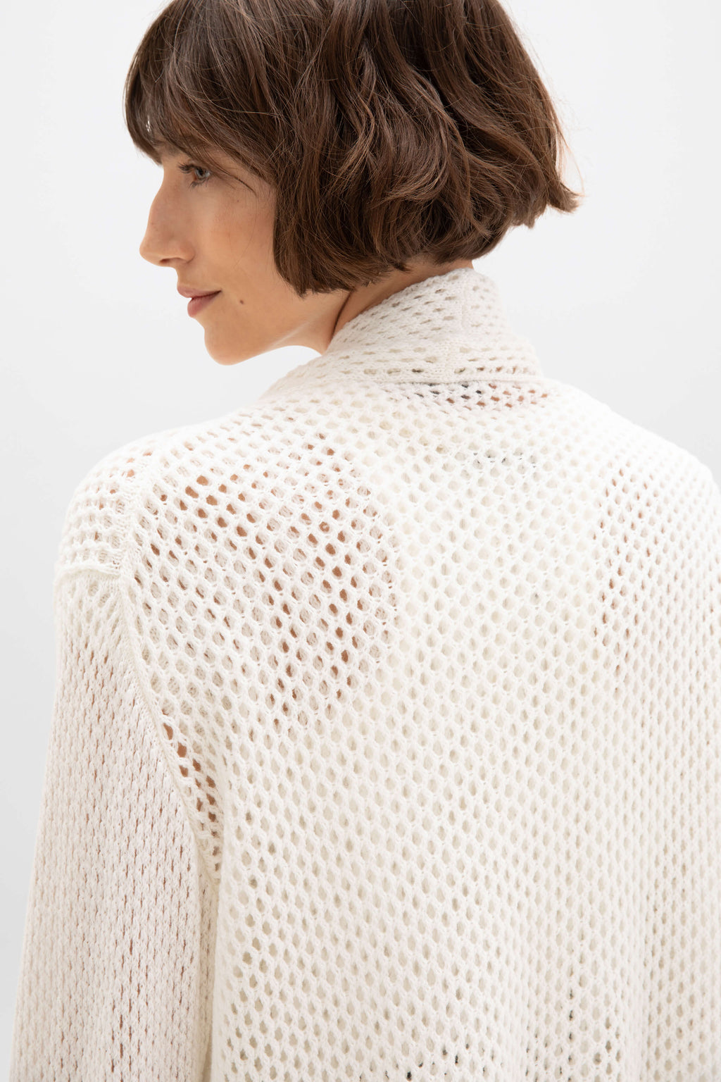 Crochet Cashmere Shawl Collar White Cardigan