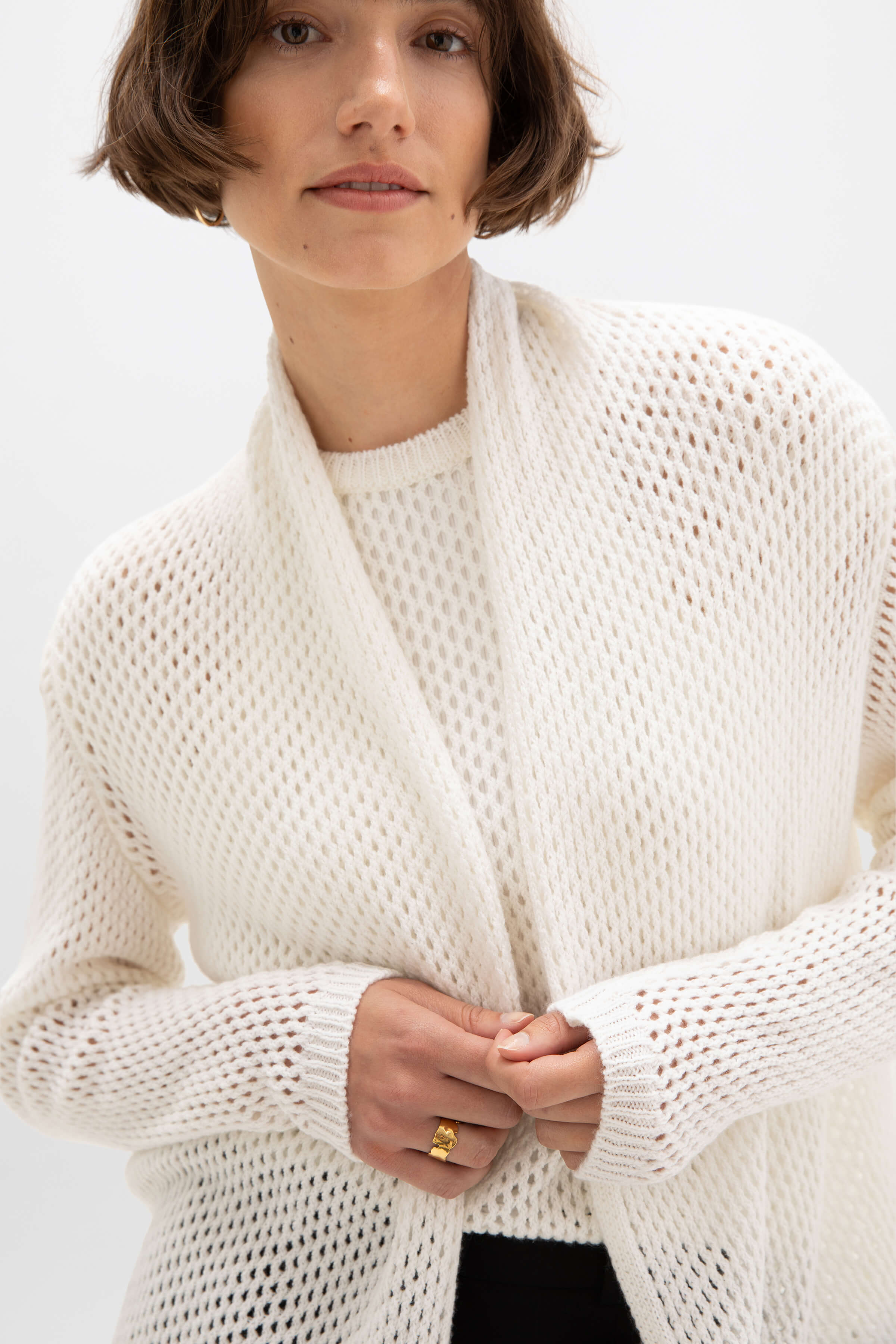 Crochet Cashmere Shawl Collar White Cardigan