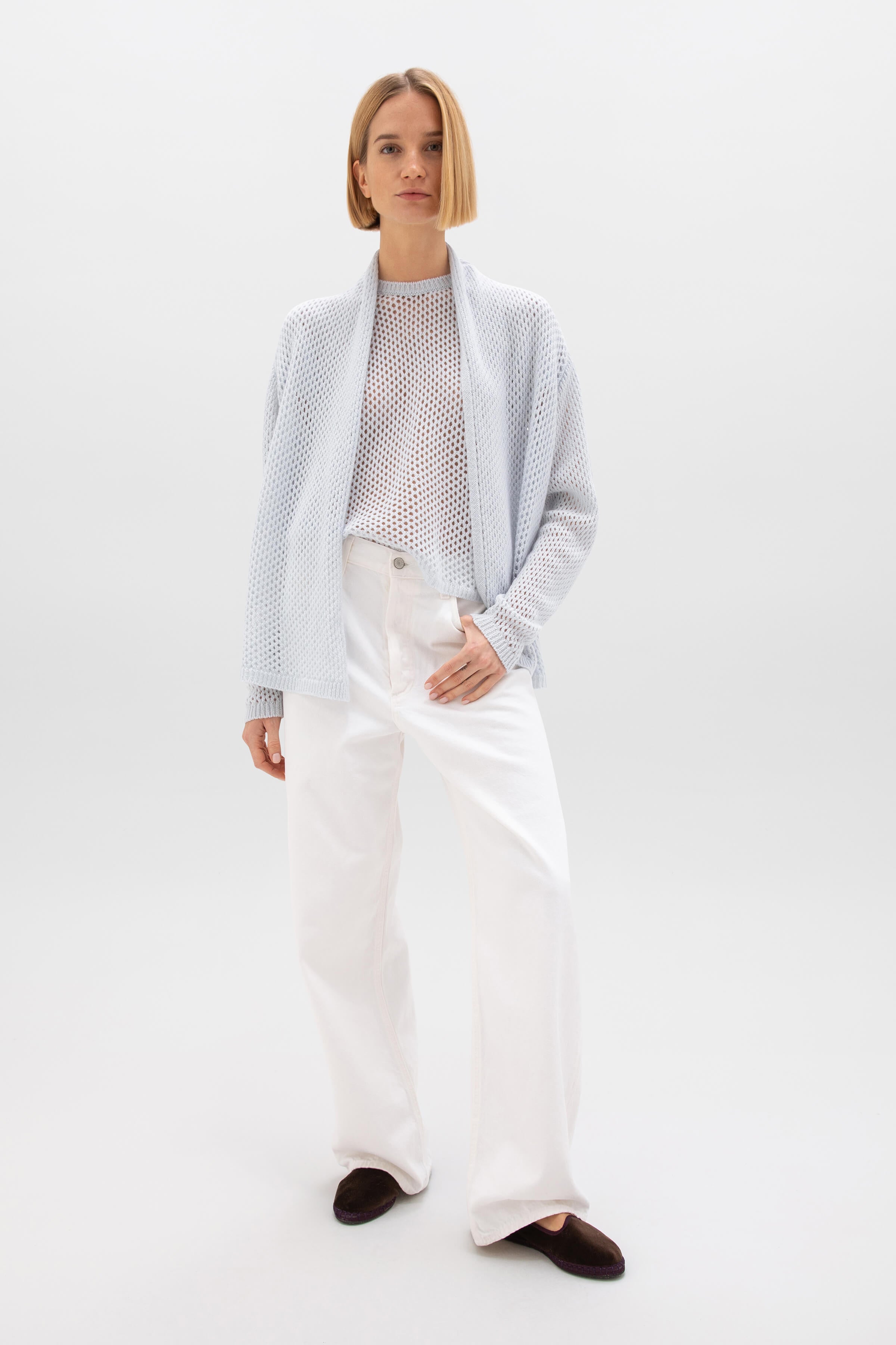 Crochet Light Blue Cashmere Shawl Collar Cardigan