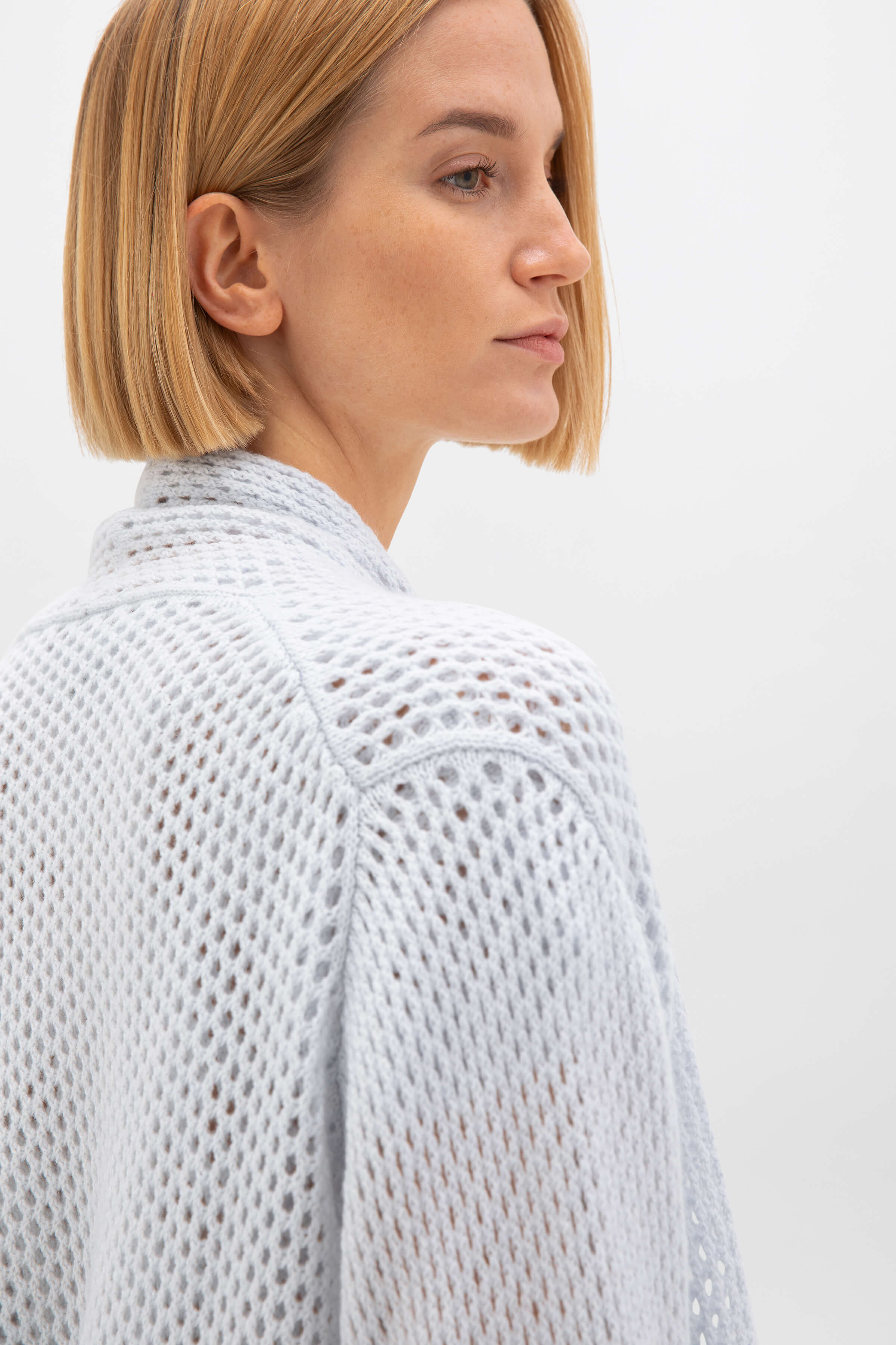 Crochet Light Blue Cashmere Shawl Collar Cardigan