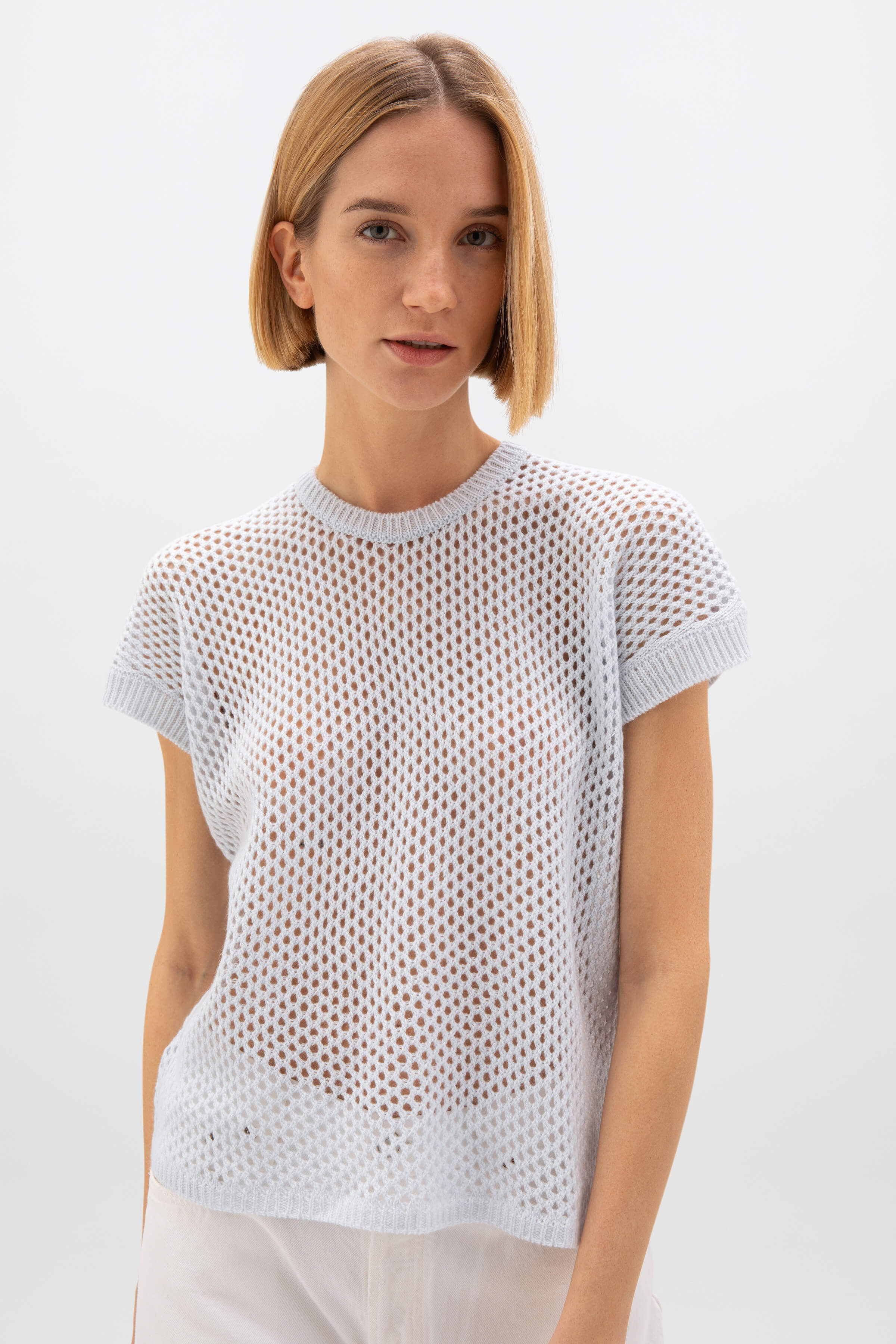 Crochet Light Blue Cashmere T-Shirt