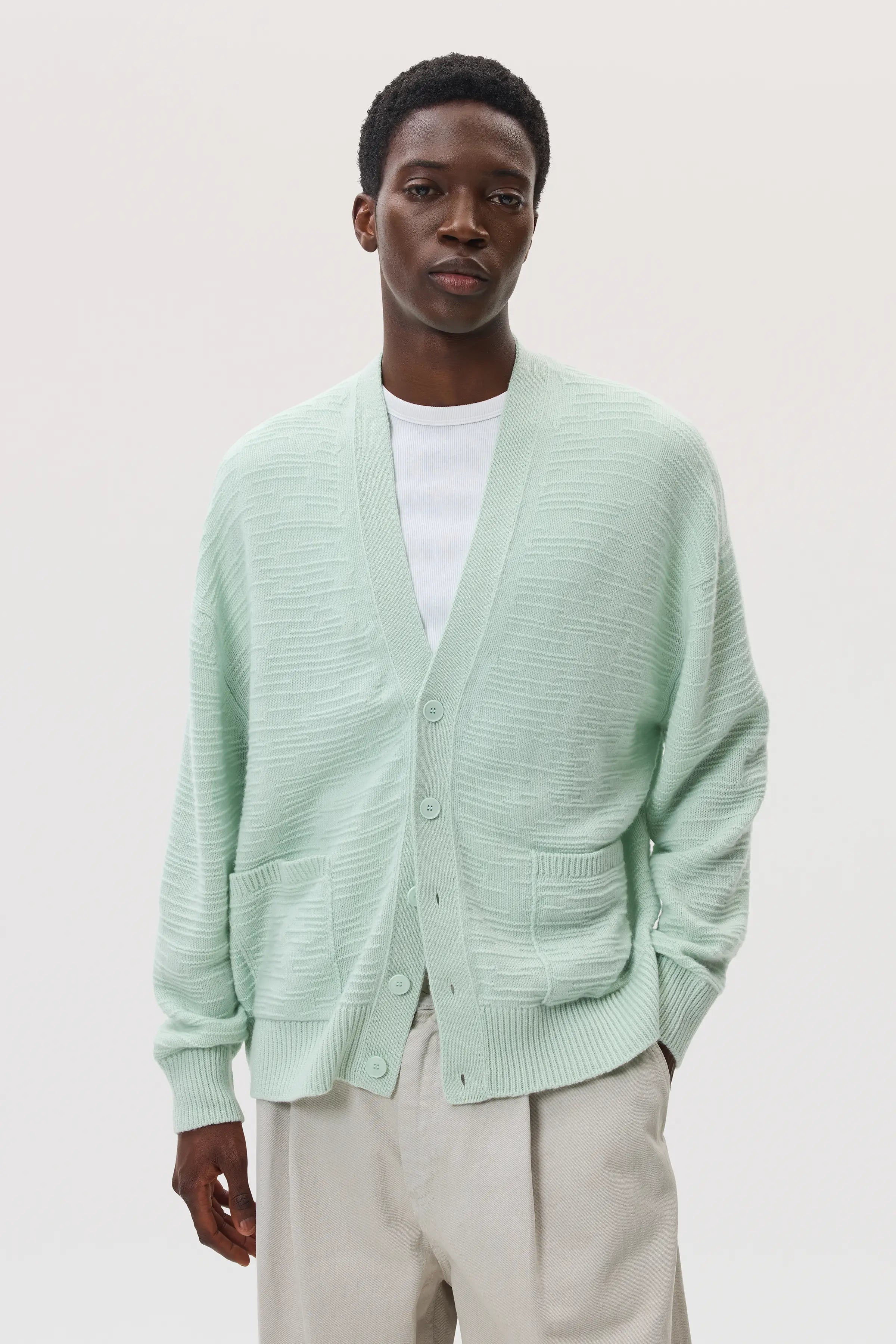 Textured Light Green Cashmere Cardigan