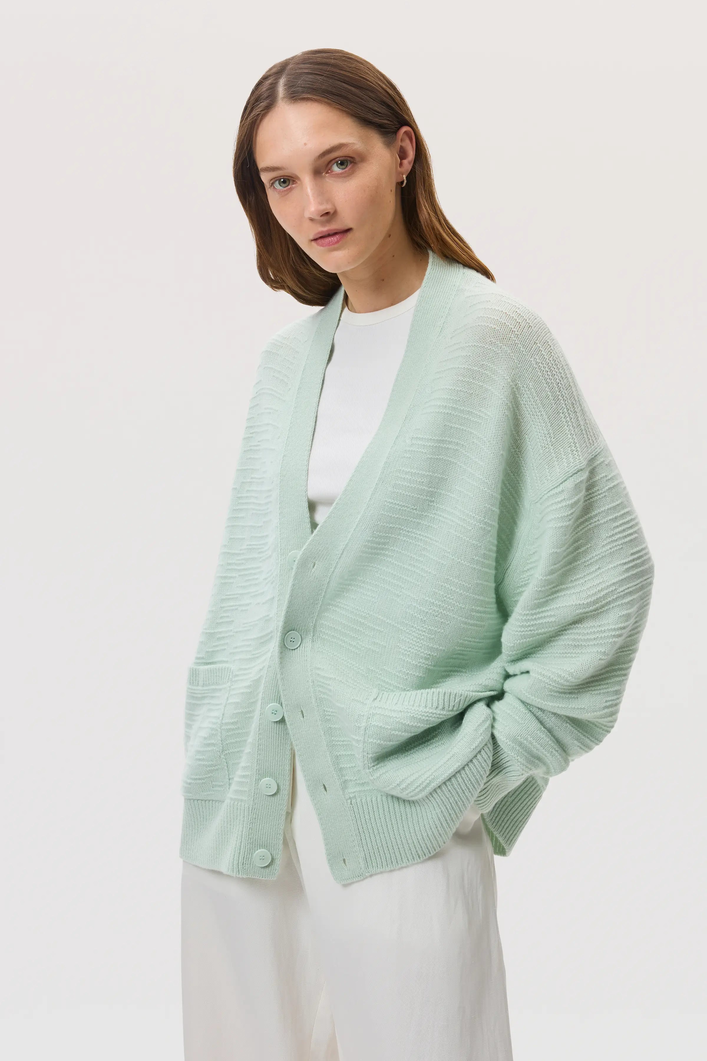 Textured Light Green Cashmere Cardigan