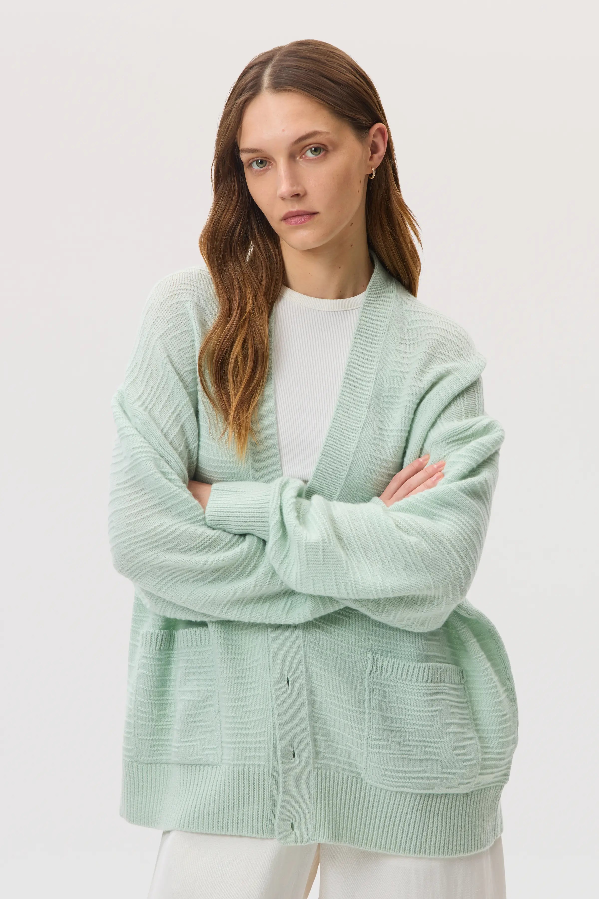Textured Light Green Cashmere Cardigan
