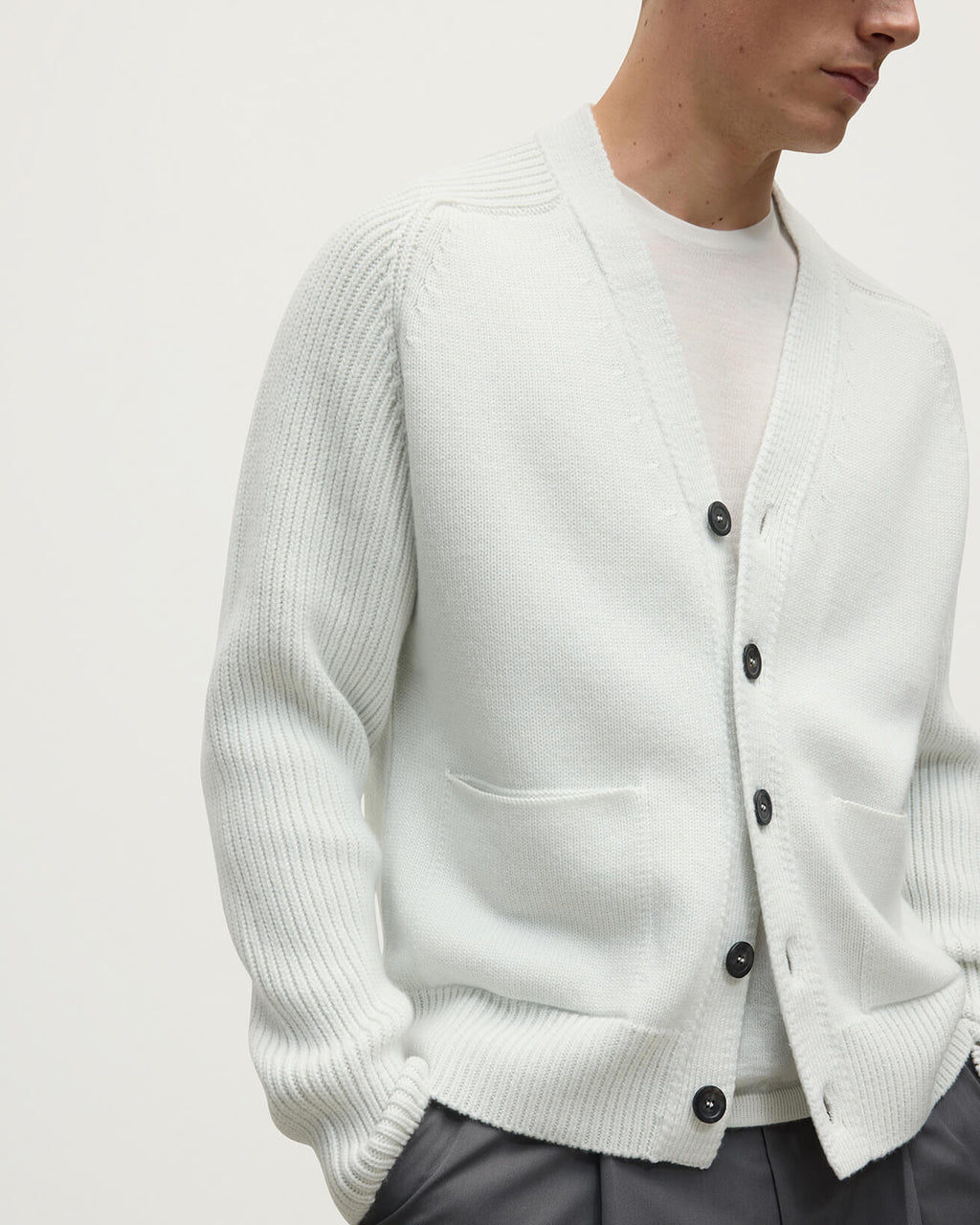 Ribbed Cashmere White Cardigan