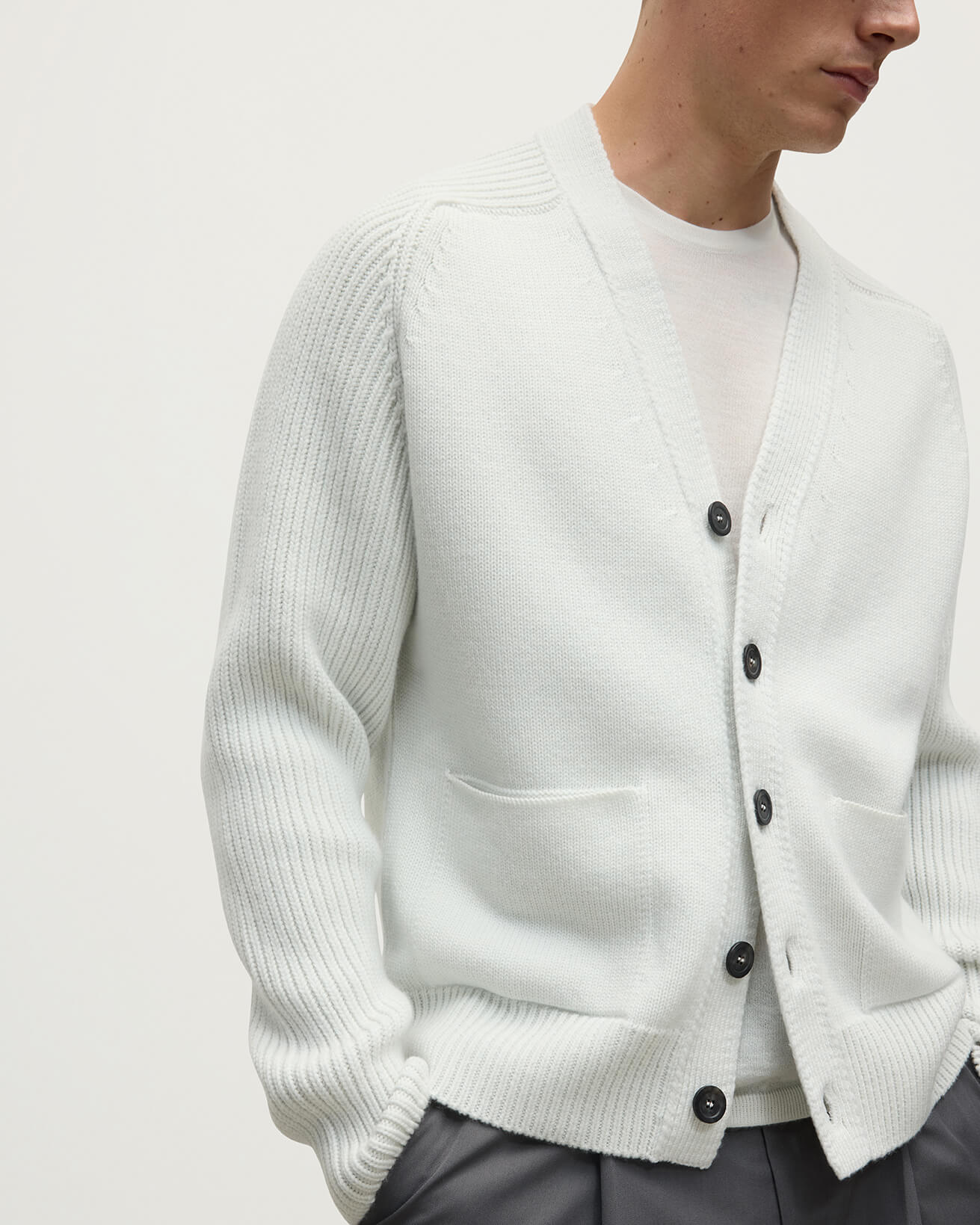 Ribbed Cashmere White Cardigan