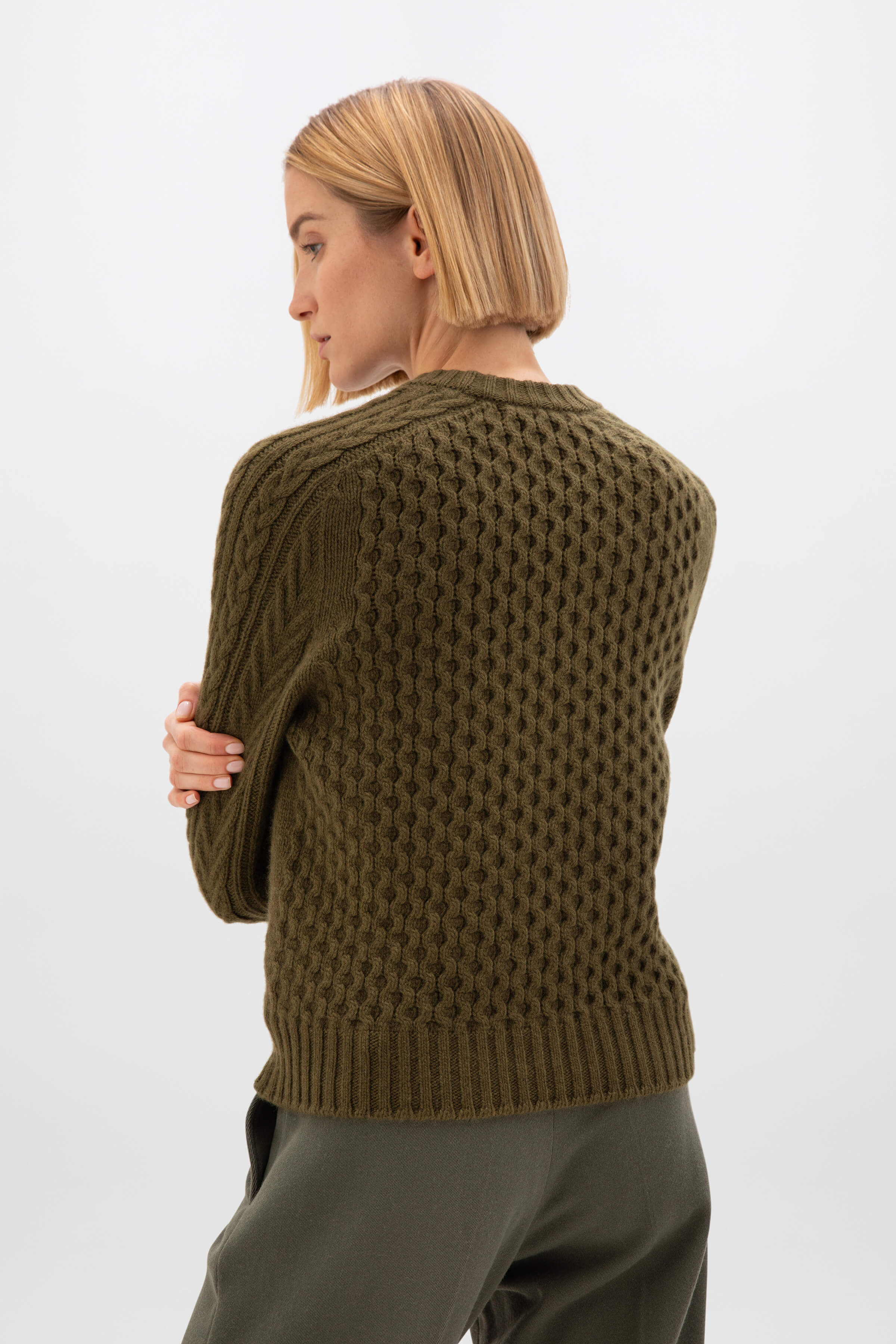 Aran Cable Olive Green Cashmere Jumper