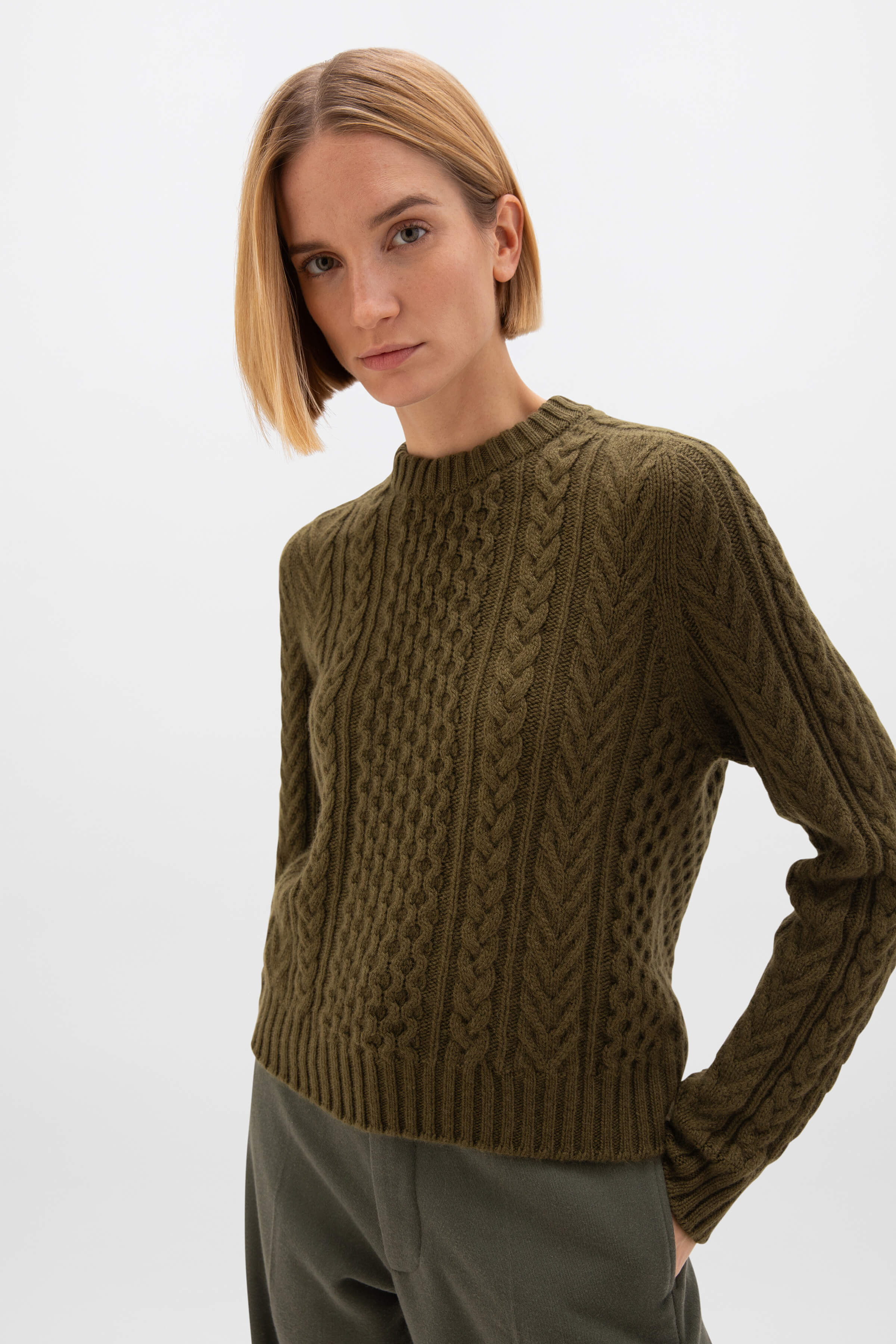 Aran Cable Olive Green Cashmere Jumper