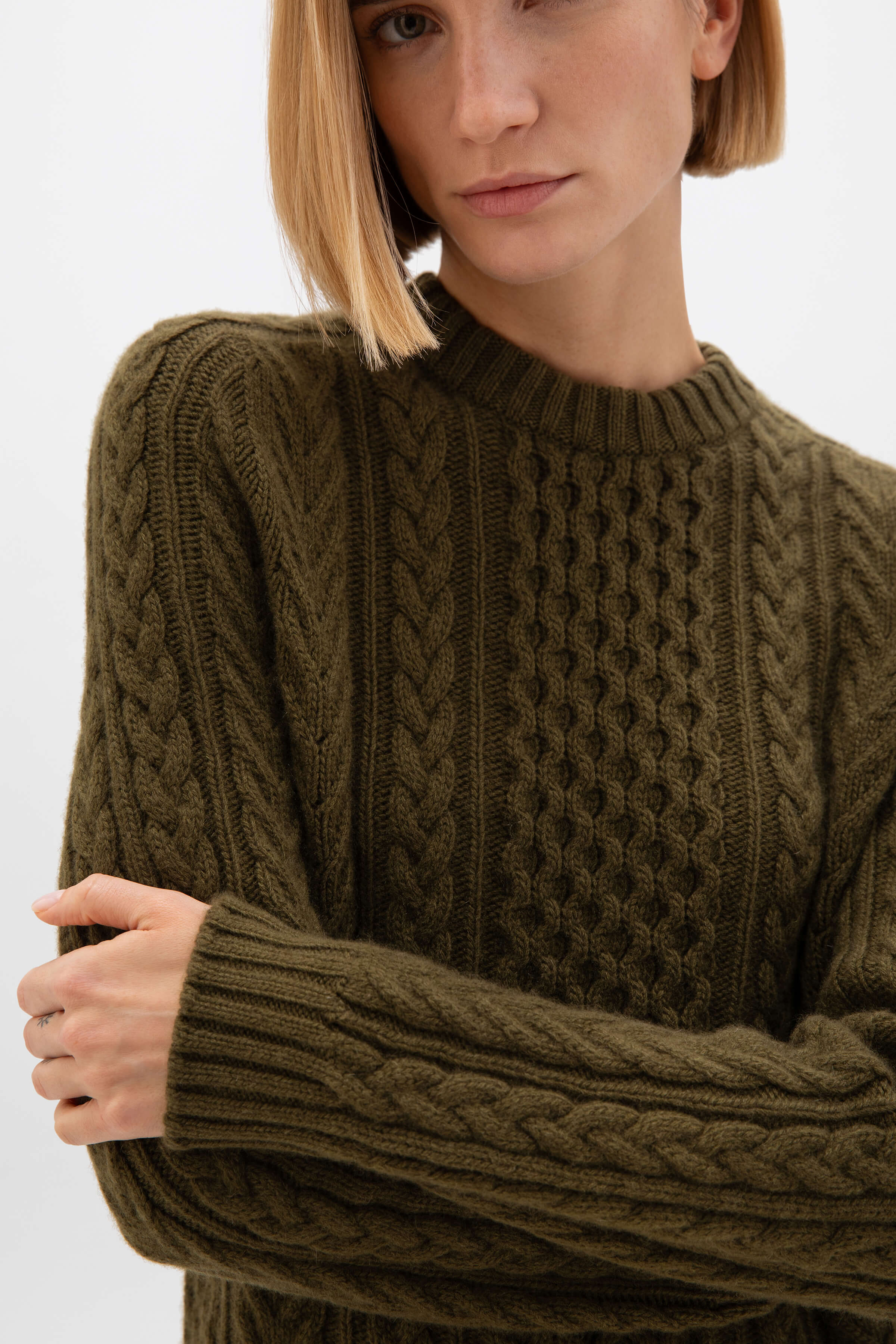 Aran Cable Olive Green Cashmere Jumper