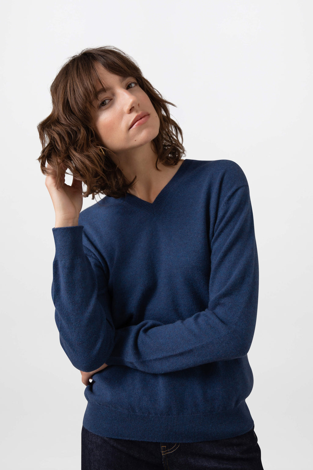 Women's Cashmere V Neck Mid Blue Jumper
