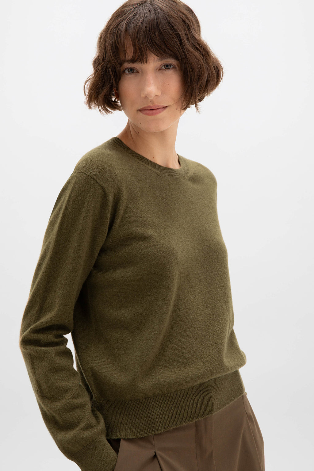 Cashmere Olive Green Round Neck Jumper