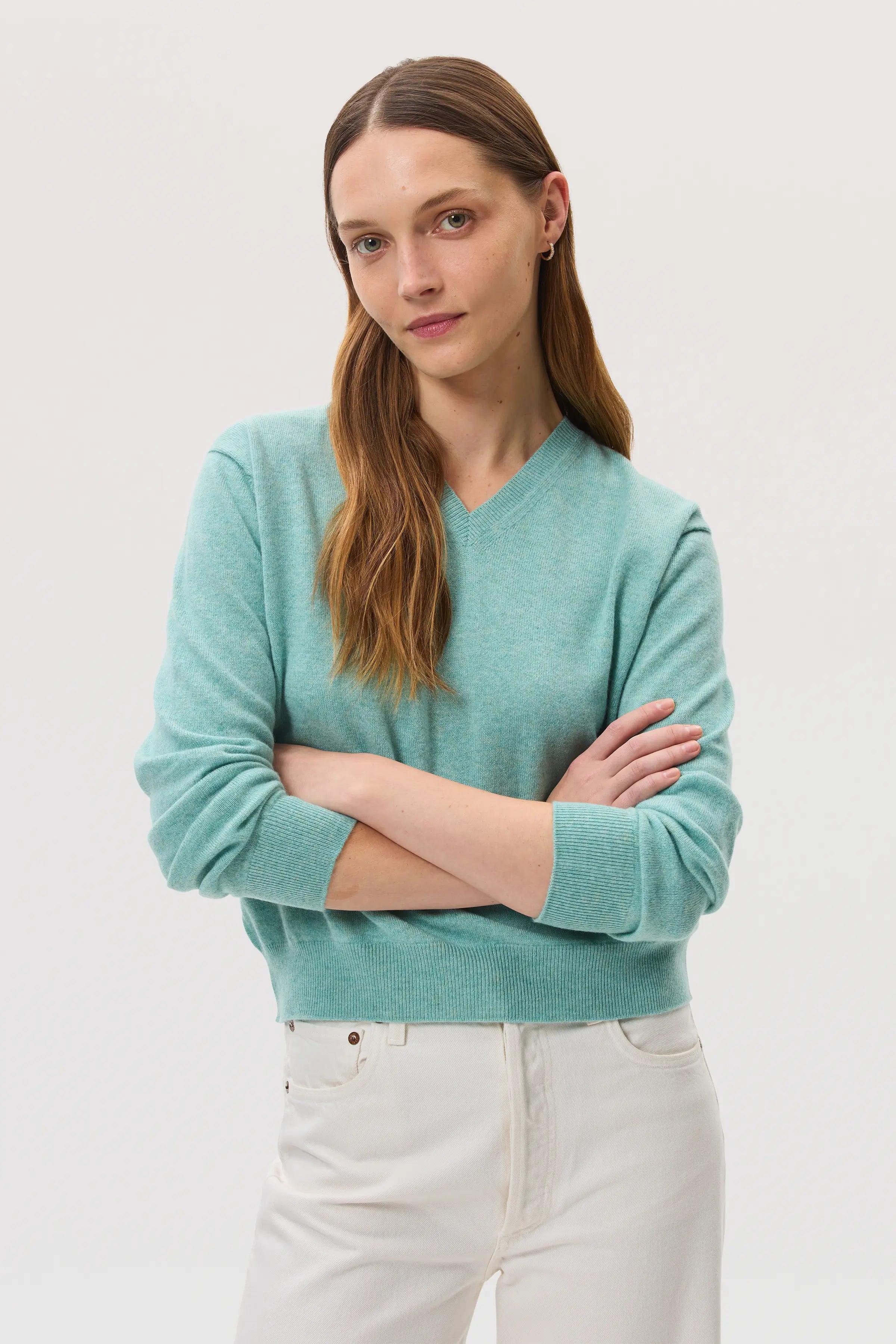 Classic Green Cashmere V Neck Jumper