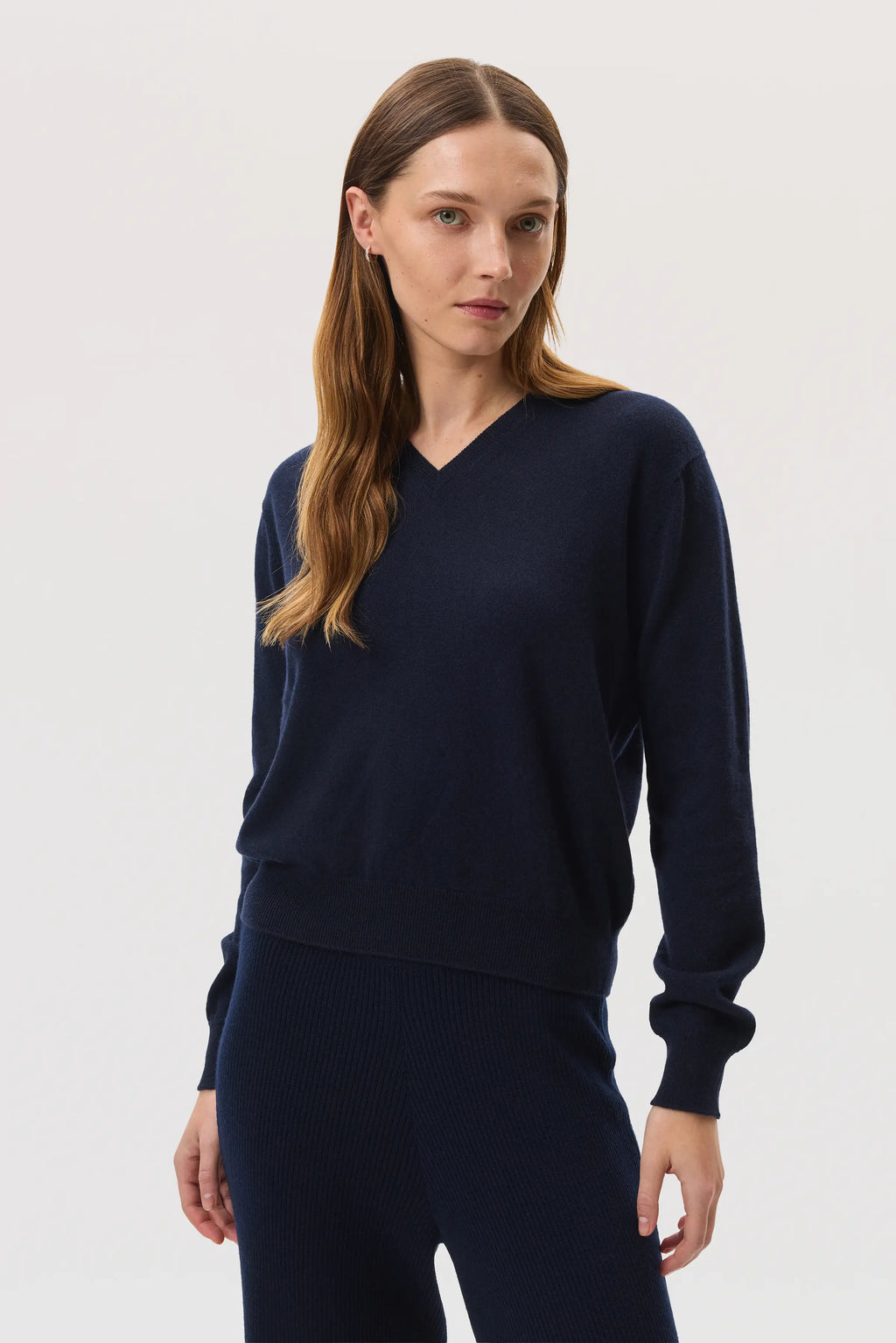 Classic Navy Cashmere V Neck Jumper