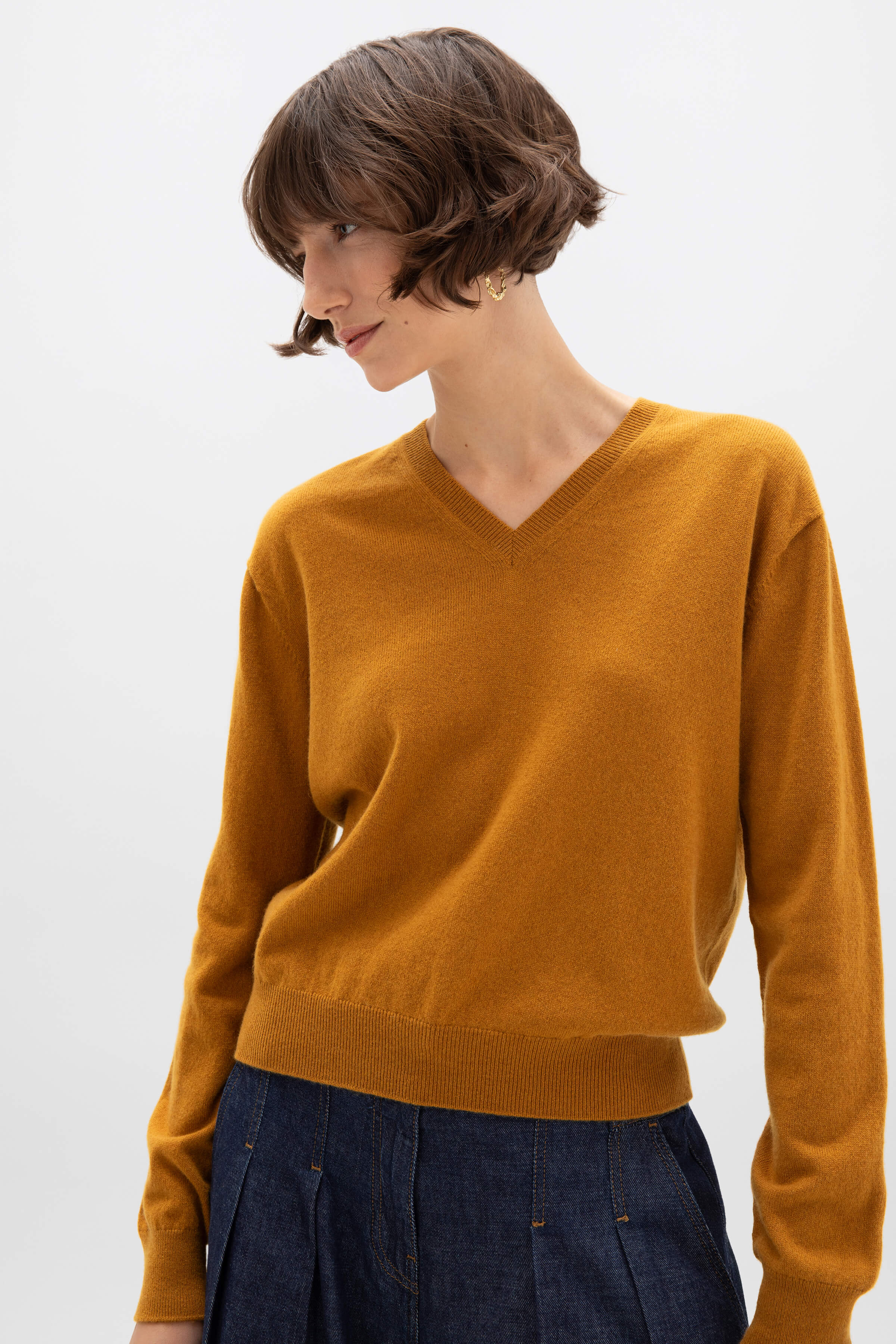 Dark Yellow Cashmere V Neck Jumper