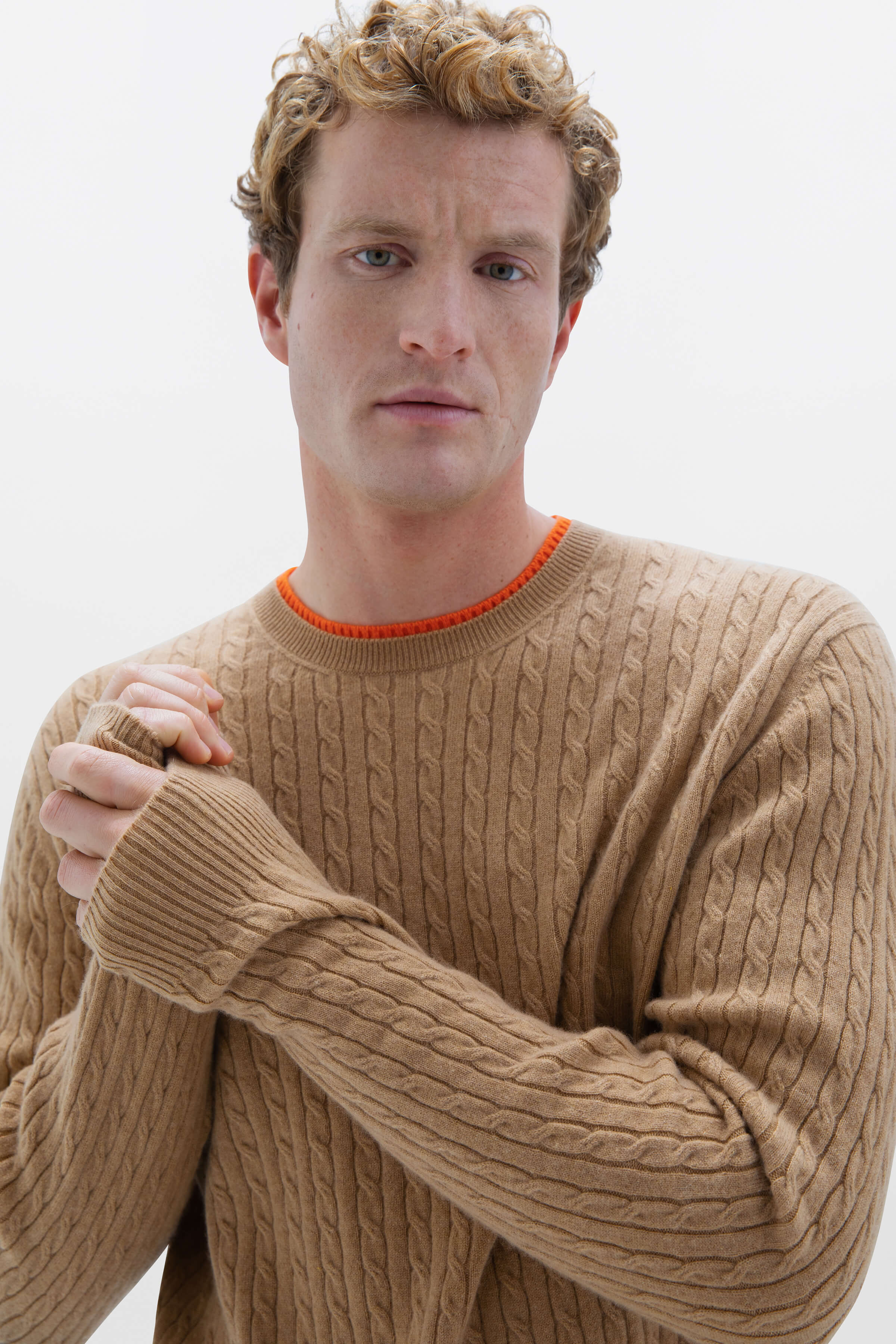 Contrast Trim Unisex Cable Cashmere Sweater